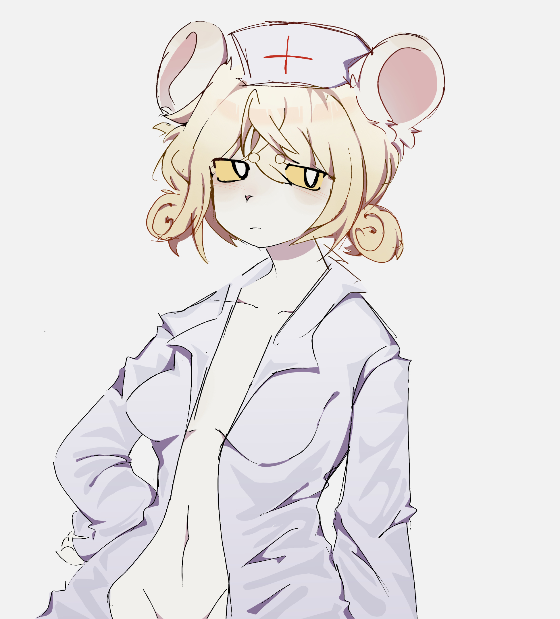 anthro, black eyes, blonde hair, blush, breasts, clothing, doctor, female, fur, furry, hair, hat, headgear, headwear, lorna (terrible mouse), mammal, mouse, murid, murine, nurse, nurse clothing, nurse headwear, rat, rodent, smile, solo, terrible mouse, white body, white fur, yellow eyes, yuri3 idk