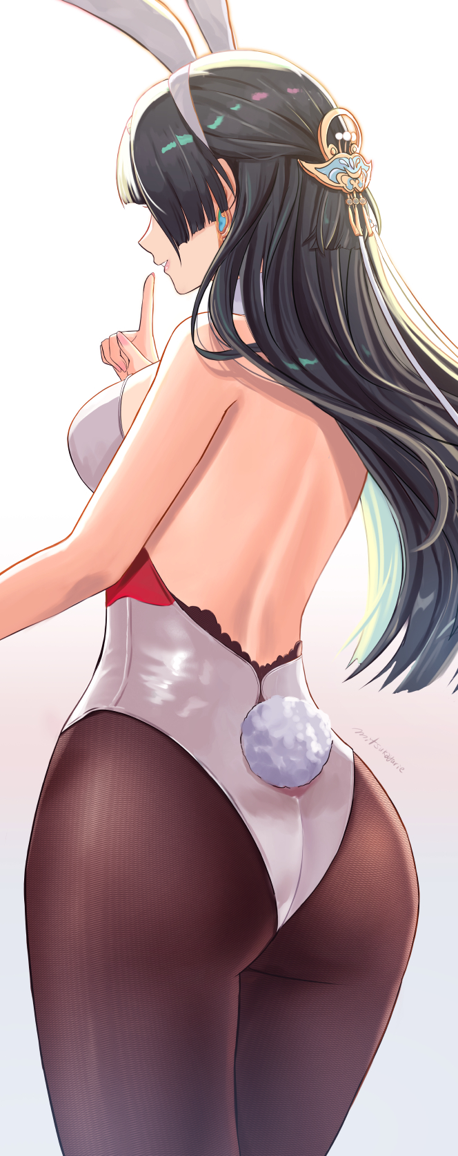 alternate_costume animal_ears ass astra_yao backless_leotard bare_shoulders black_hair bunnysuit commentary_request fake_animal_ears fake_tail female from_behind hair_ornament hairband hand_up highleg highleg_leotard highres leotard long_hair mitsukayurie parted_lips playboy_bunny rabbit_ears rabbit_tail simple_background smile solo tail thighs white_background white_hairband white_leotard zenless_zone_zero