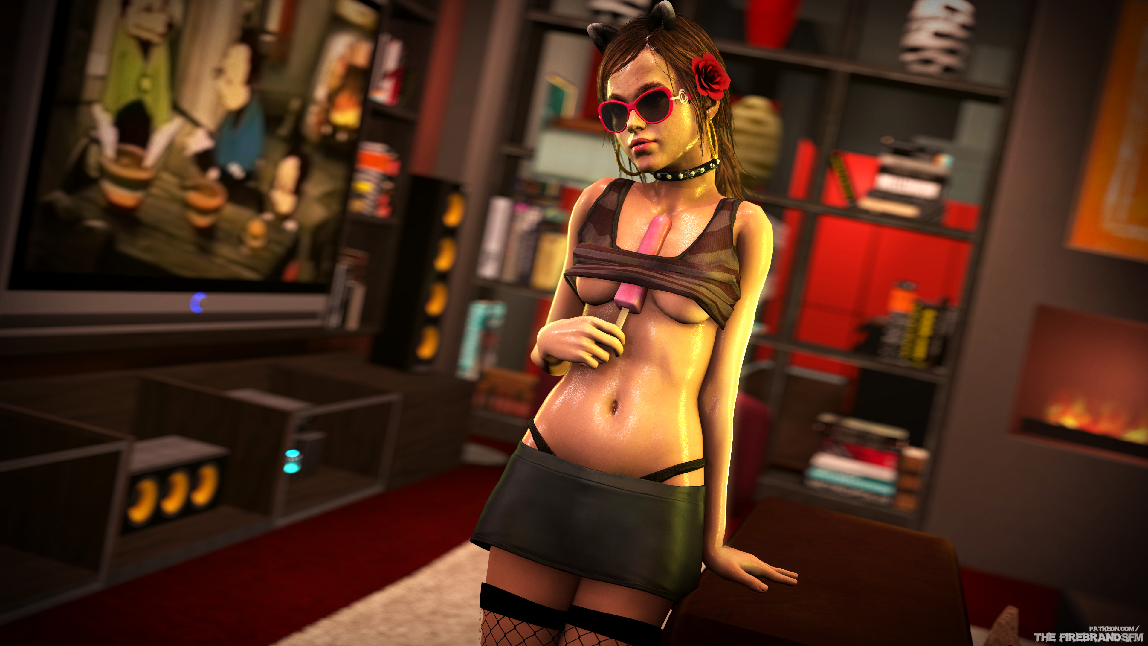 1girls, 3d, animal ears, breasts, cat ears, choker, ellie (the last of us), ellie williams, fake animal ears, female, fishnet stockings, fishnets, meme, popsicle, popsicle between breasts, sexually suggestive, skirt, solo, solo female, sunglasses, the firebrand, the last of us, underboob