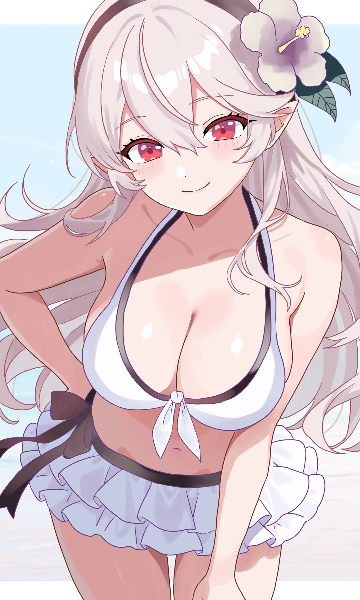 1girls bikini black_hairband blowing_kiss blush breasts cleavage corrin_(female)_(fire_emblem) corrin_(female)_(novice_vacationer)_(fire_emblem) corrin_(fire_emblem) corrin_(fire_emblem)_(female) female female_focus female_only fire_emblem fire_emblem_fates fire_emblem_heroes flower grey_hair hair_between_eyes hair_flower hair_ornament hairband large_breasts long_hair looking_at_viewer n_54 official_alternate_costume pointy_ears red_eyes smile solo swimsuit white_bikini white_hair