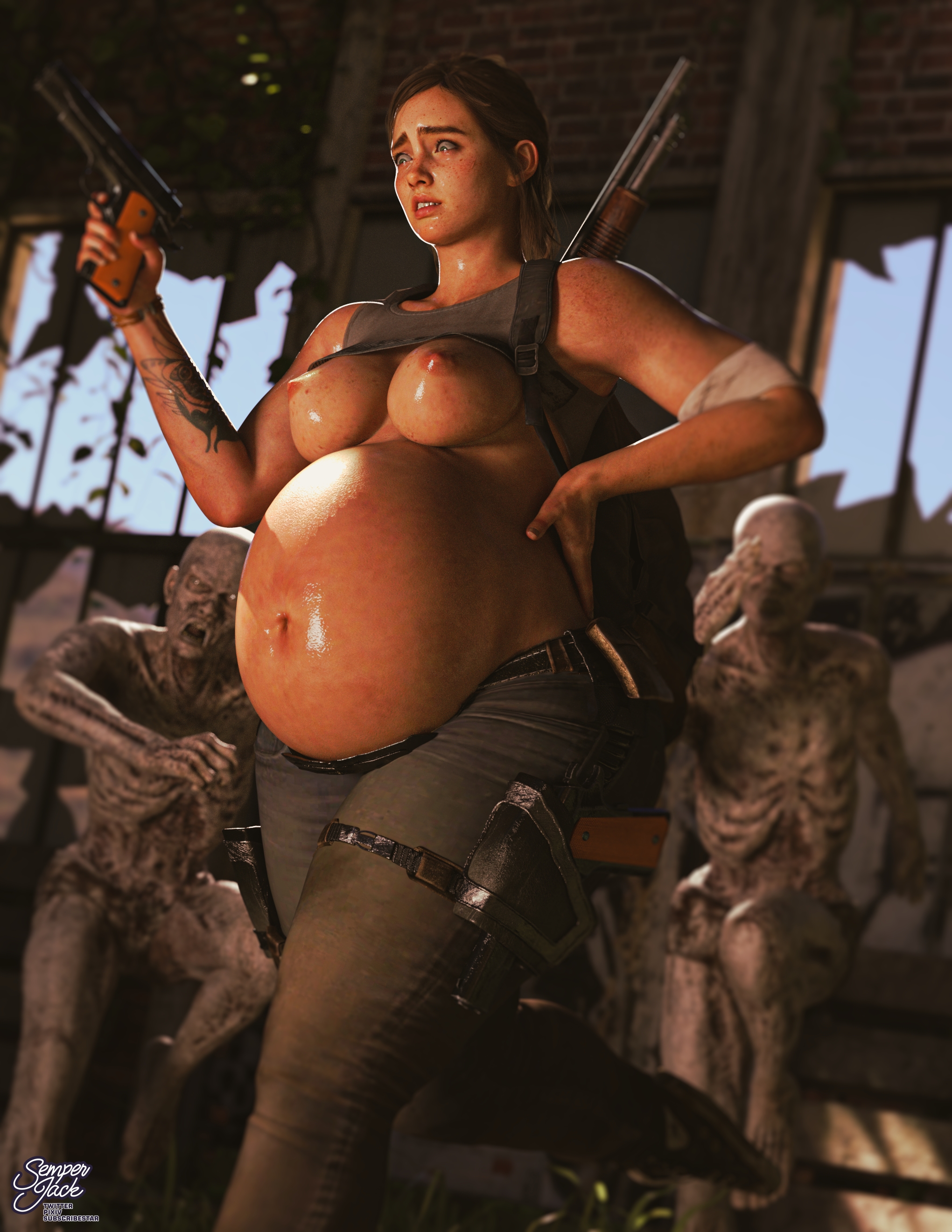 1girls, 3d, belly, big belly, big breasts, braless, breasts, brown hair, ellie (the last of us), ellie williams, female, female focus, female only, freckles, gun, hand on hip, monster, monster on female, nipples, pistol, pregnant, realistic, semper jack, shotgun, solo focus, the last of us, the last of us 2, zombie