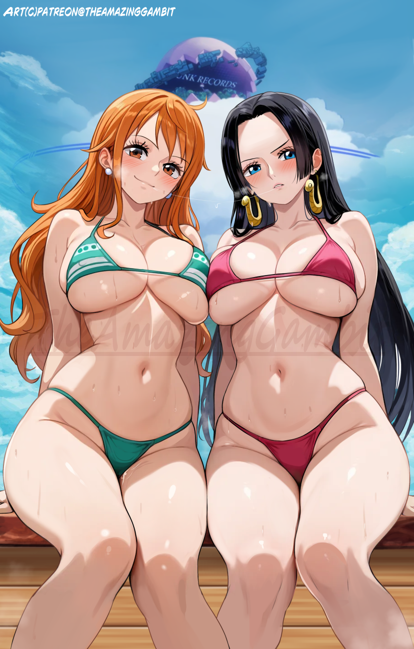 2girls big_breasts big_butt bikini boa_hancock brown_eyes curvy_body nami nami_(one_piece) one_piece orange_hair shounen_jump the_amazing_gambit thick_female voluptuous_female