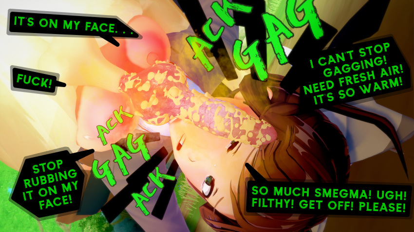 big breasts, breasts, brown hair, canine, canine penis, cock on face, disgusted, doki doki literature club, female, green eyes, imminent oral, impending blowjob, koikatsu, luminous axis, male, monika (doki doki literature club), naked, naked female, penis, rape, rubbing, shocked, smegma, smegma on face, smell, smelly cock, text, text bubble, zoophilia