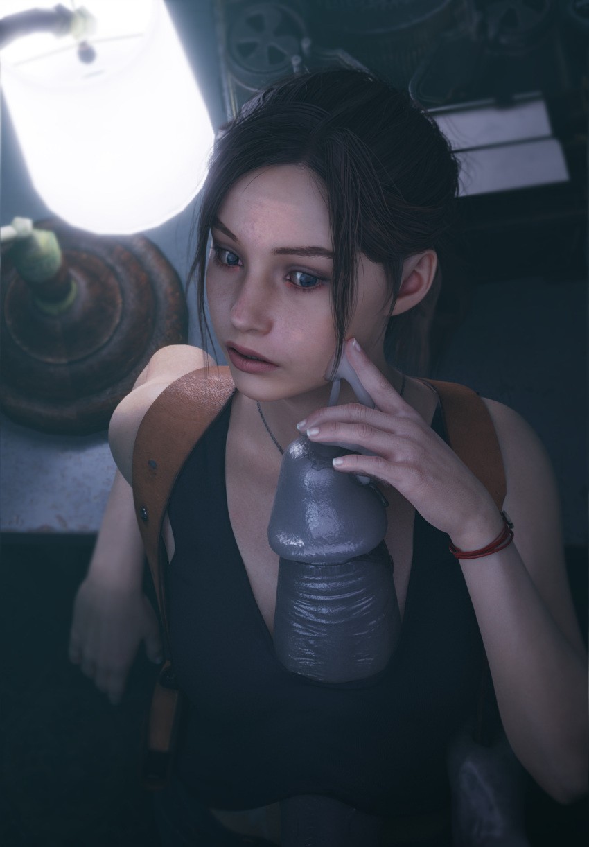 1girls 3d_(artwork) brown_hair claire_redfield cum_on_cheek cum_on_hand cumming huge_penis mr_x paizuri ponytail resident_evil tagme tank_top