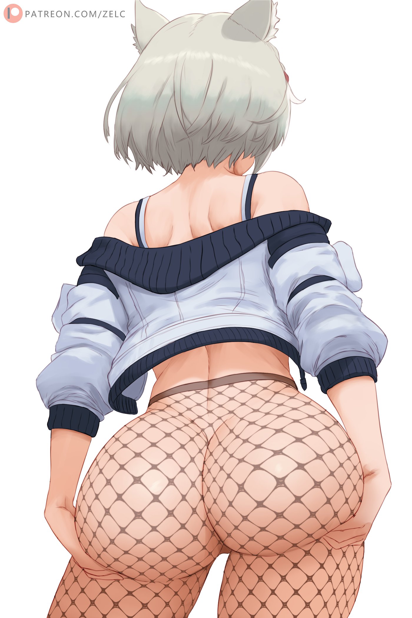ass, ass focus, big ass, bottomless, bubble ass, bubble butt, cat ears, cat girl, catgirl, female, fishnets, grabbing own ass, jacket, mio (xenoblade), tagme, viewed from behind, xenoblade (series), xenoblade chronicles 3, zelc-face
