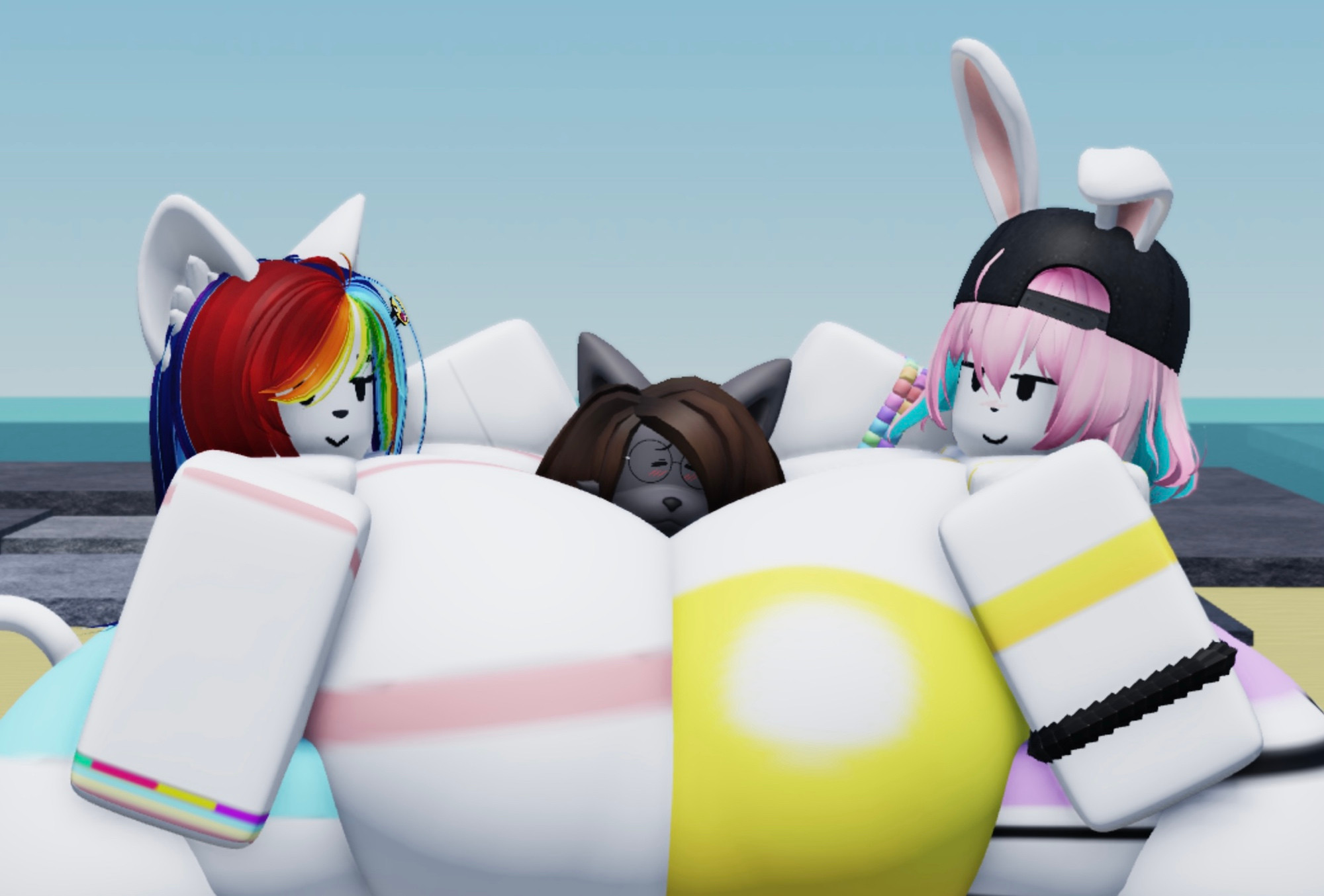 1girls, 2boys, 2boys1girl, 3d, artist self-insert, big breasts, bradythewwefan, breasts, bunny ears, busty male, cat ears, cat tail, cleavage, female, finley (theycallhimcake), furry, huge breasts, hyper breasts, male, peanut butter (theycallhimcake), pink hair, rainbow hair, roblox, robloxian, tagme, thick thighs, wide hips