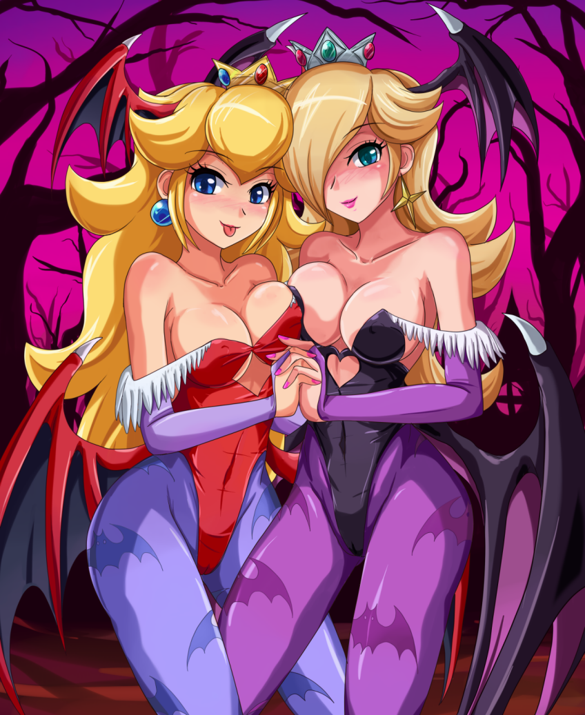 2009 2girls animal_print areola ass bat_print big_ass big_breasts big_butt black_leotard blonde_hair blue_eyes blush breast_press breasts busty cleavage clothing color cosplay costume crown darkstalkers ear_piercing earrings erect_nipples female female_only front_view hair_over_one_eye head_wings headwings holding_hands human jewelry large_breasts leotard lilith_aensland_(cosplay) long_hair looking_at_viewer mario_(series) morrigan_aensland_(cosplay) multiple_girls nail_polish nintendo nipples open_mouth outdoors pantyhose piercing princess_peach princess_rosalina red_leotard round_ears sigurdhosenfeld standing succubus teal_eyes wings yellow_hair yuri