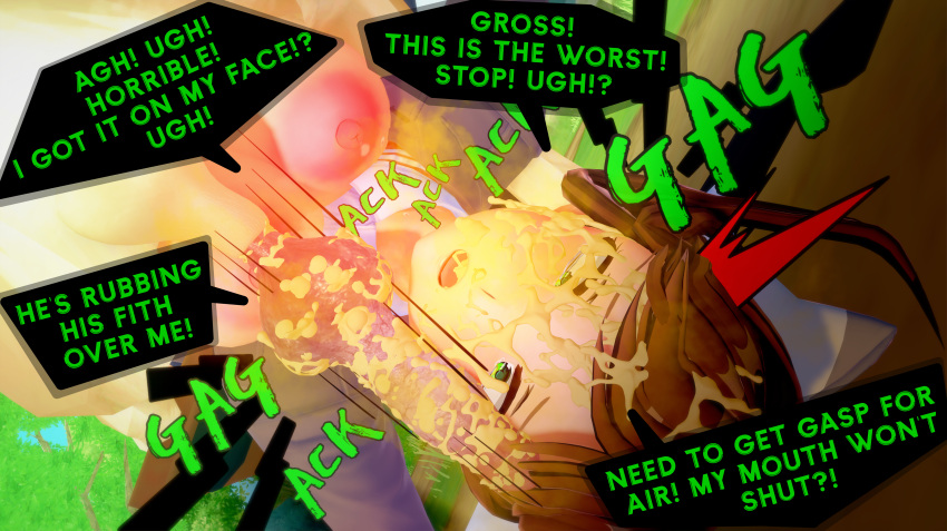 big breasts, breasts, brown hair, canine, canine penis, cock on face, disgusted, doki doki literature club, female, green eyes, imminent oral, impending blowjob, koikatsu, luminous axis, male, monika (doki doki literature club), naked, naked female, penis, rape, rubbing, shocked, smegma, smegma on face, smell, smelly cock, text, text bubble, zoophilia