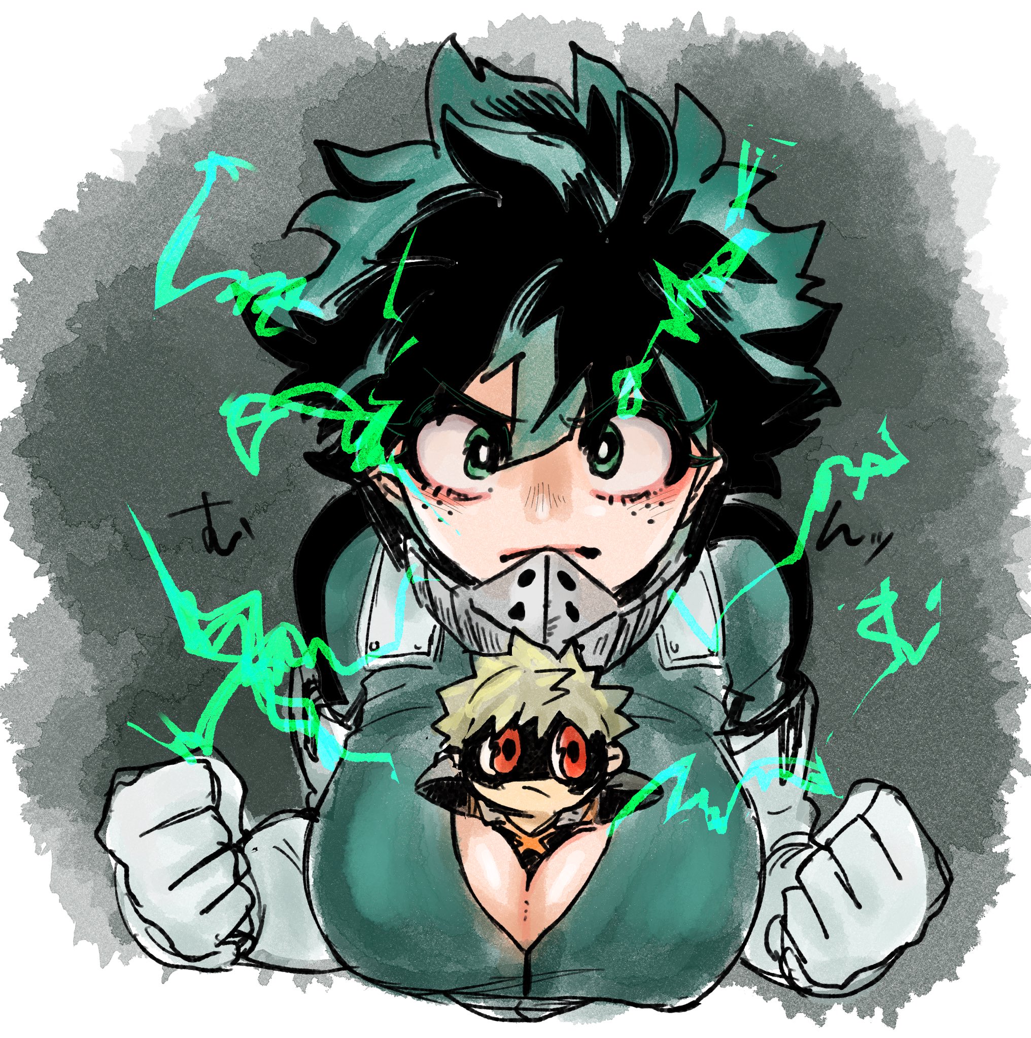 1girl, 1girls, boku no hero academia, breasts, busty, busty female, cleavage, female, female deku, female focus, female only, fighting stance, genderswap, genderswap (mtf), green eyes, green hair, izuku midoriya, katsuki bakugou, male, micro male, mrtm0102, my hero academia, rule 63, short hair, short-haired female