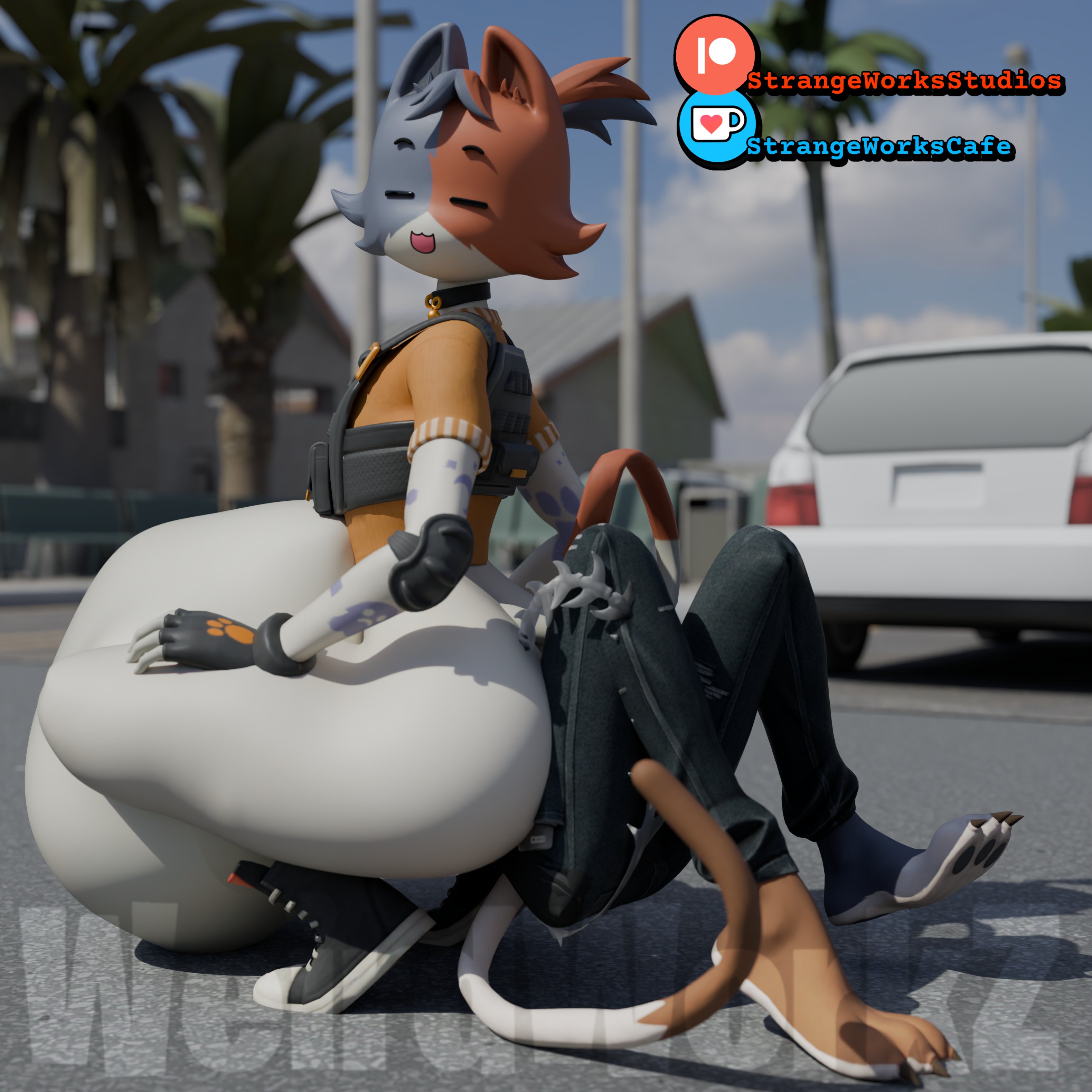 2girls, 3d, anal, anal vore, ass, calico cat, cat girl, cate meowdy (fortnite), catgirl, cousin, cousins, cousins (lore), feline, feline humanoid, female, fortnite, huge ass, hyper, hyper belly, hyper thighs, implied digestion, implied vore, incest, meow skulls (fortnite), mrweirdworkz, predator/prey, squatting, vore, vore belly, weirderworkz, white fur