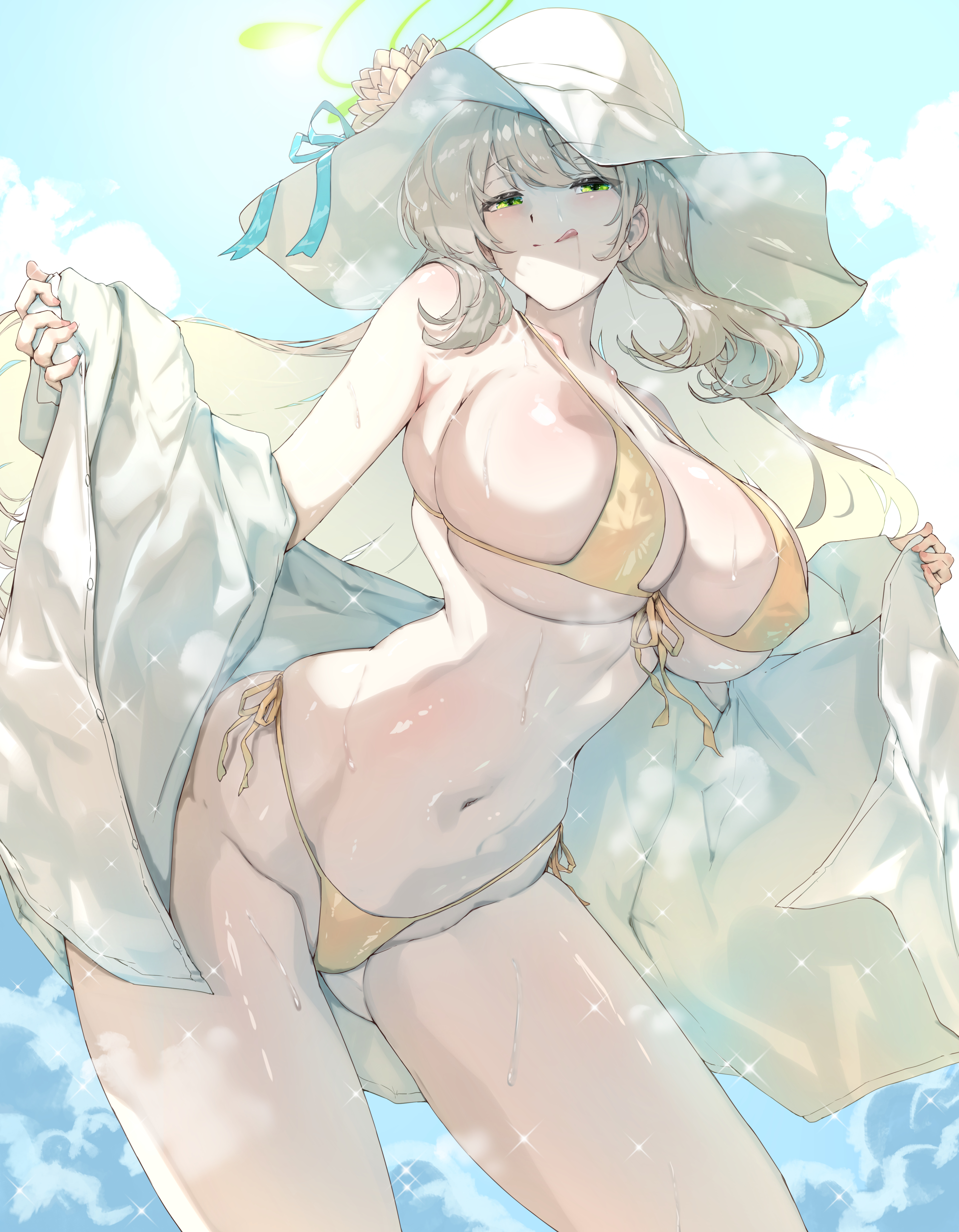 :q, 1girls, absurdres, abydos high school student, bikini, blue archive, blush, breasts, brown hair, collarbone, female, fit female, flower, foreclosure task force (blue archive), front-tie bikini top, front-tie top, green eyes, green halo, halo, hat, hat flower, highres, hourglass figure, human, large breasts, light-skinned female, long hair, looking at viewer, micro bikini, navel, nonomi (blue archive), nonomi (swimsuit) (blue archive), official alternate costume, side-tie bikini bottom, slim waist, smile, solo, stomach, string bikini, sun hat, sunnysideup, swimsuit, tongue, tongue out, white hat, wide hips, yellow bikini