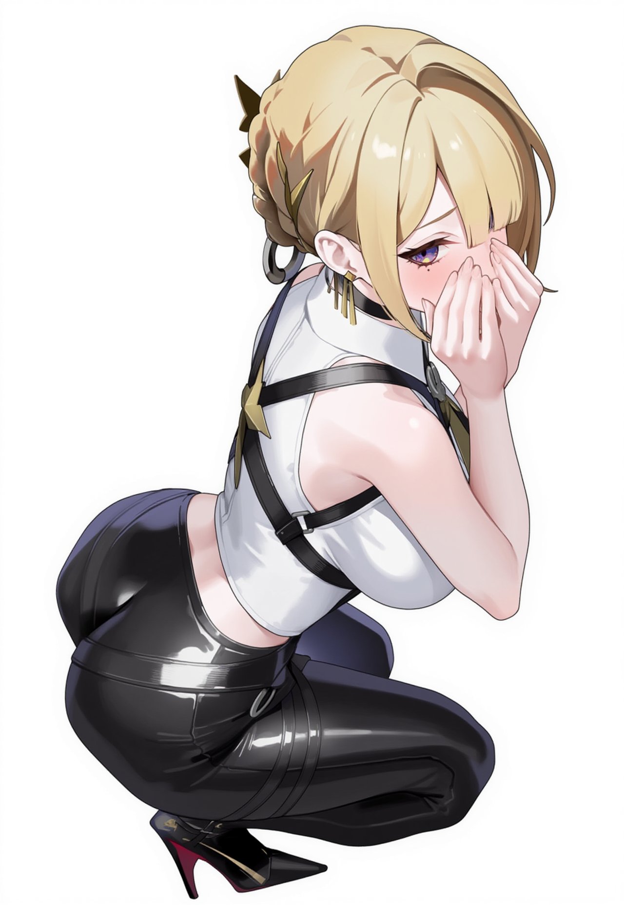 1girls ai_generated ass blonde_hair blush breasts covering_mouth dat_ass evelyn_chevalier female fully_clothed shy solo squatting zenless_zone_zero