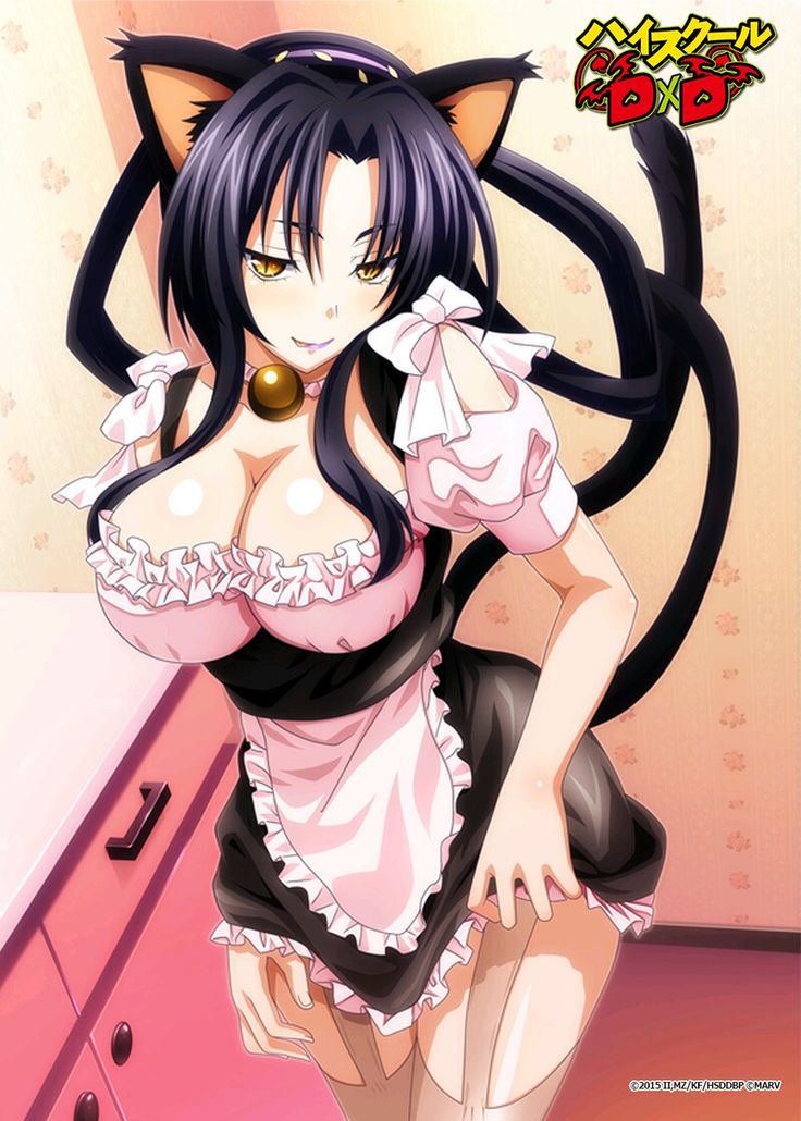 animal ears, artist request, bell, big breasts, black hair, breasts, cat ears, cat girl, cat tail, catgirl, female, high school dxd, kuroka (high school dxd), licking lips, looking at viewer, maid uniform, official art, slit pupils, yellow eyes