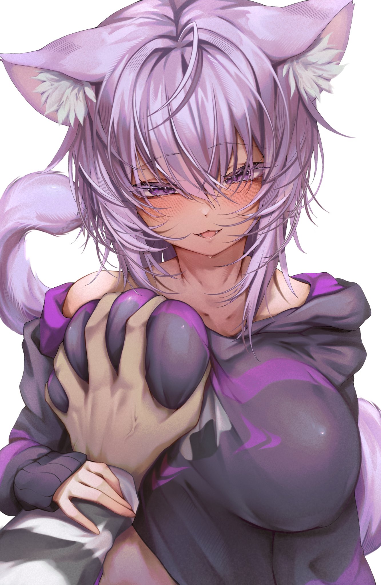 animal_ears blush breasts cat_ears cat_girl cat_tail collarbone female grabbing_another's_breast groping guided_breast_grab guiding_hand half-closed_eyes highres hololive hood hood_down hoodie large_breasts long_sleeves medium_hair nekomata_okayu purple_eyes purple_hair purple_hoodie simple_background solo tail tooya0923 virtual_youtuber white_background