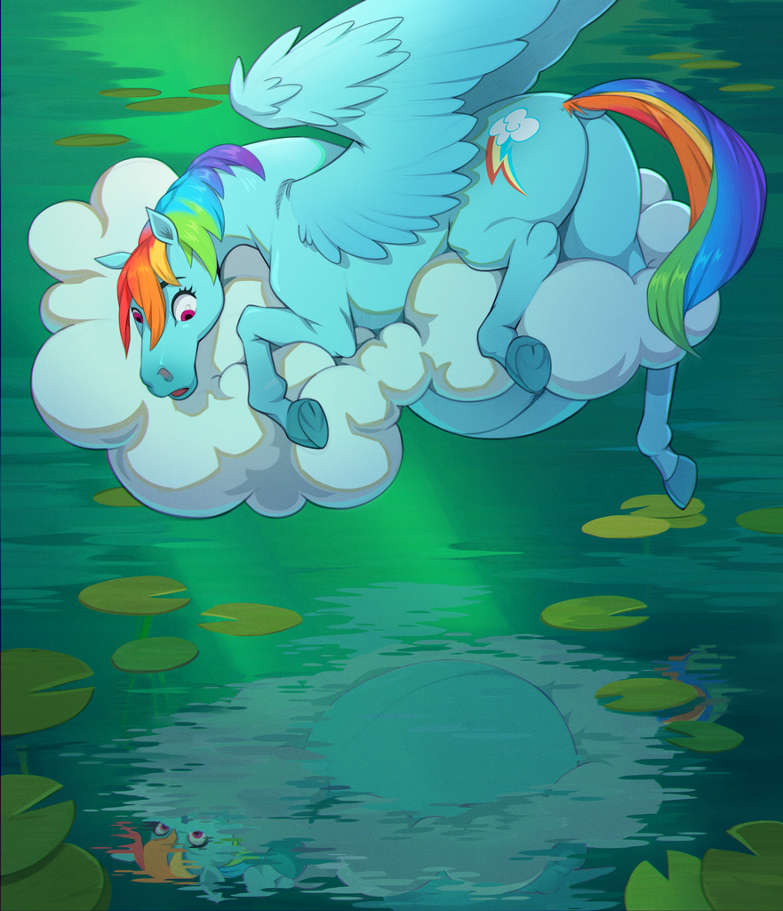 big_belly cloud horse inflation jotun22 mare my_little_pony pegasus pony pregnant rainbow_dash_(mlp) reflection