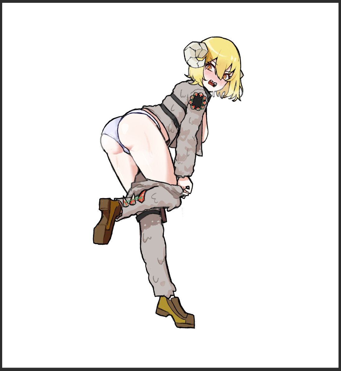 1girls ass blonde_hair blush breasts cat___nip don_quixote_(limbus_company) e.g.o_(project_moon) female full_body horns large_breasts light-skinned_female light_skin limbus_company open_mouth panties project_moon sharp_teeth yellow_eyes