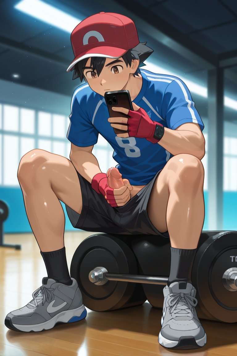 1boy, ai generated, ash ketchum, exhibitionism, gay, gym, gym clothes, gym shirt, gym shorts, gym uniform, male, male focus, male only, masturbation, pokemon, satoshi (pokemon), solo, solo focus, solo male, yaoi