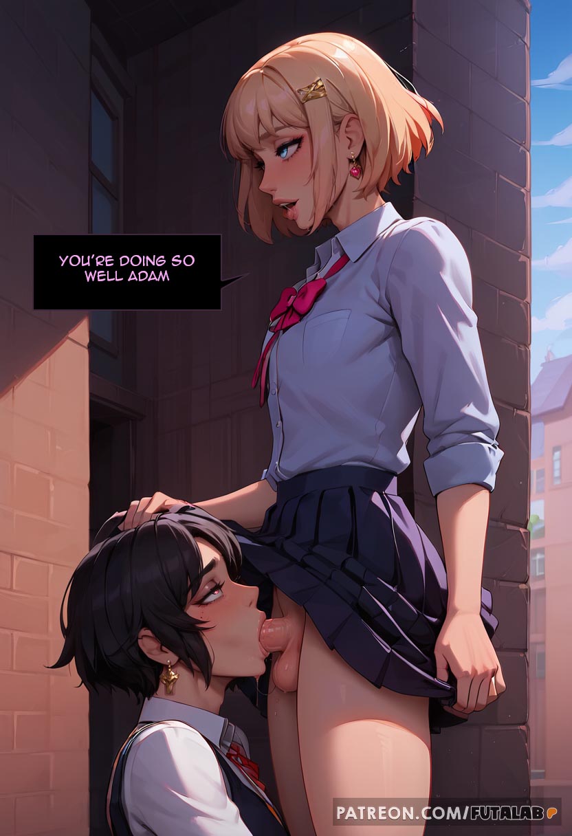 ai generated, blowjob, blowjob face, blowjob gesture, blowjob only, cock, deep blowjob, deep throat, deepthroat, dominant female, female, futadom, futanari, intersex, male, penis, penis grab, skirt, skirt lift, skirt up, submissive, submissive male, sucking, sucking off, sucking penis, sucking tip
