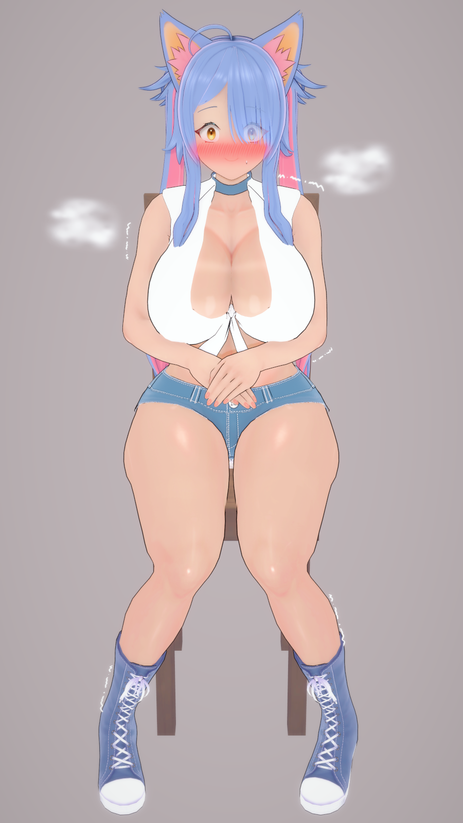 1girls 2022 3d ahoge blue_hair blush breasts cat_ears catgirl chair cleavage deluxe_rosie female female_only hips hourglass_figure huge_breasts indie_virtual_youtuber jean_shorts jeans long_hair looking_at_viewer midriff multicolored_hair nervous nervous_smile pink_hair pink_nails rosie_(vtuber) shoes short_shorts sitting sleeveless sleeveless_shirt smile solo solo_female steaming_body tan-skinned_female tan_body tan_skin thick_thighs thighs thin_waist virtual_youtuber wide_hips yellow_eyes