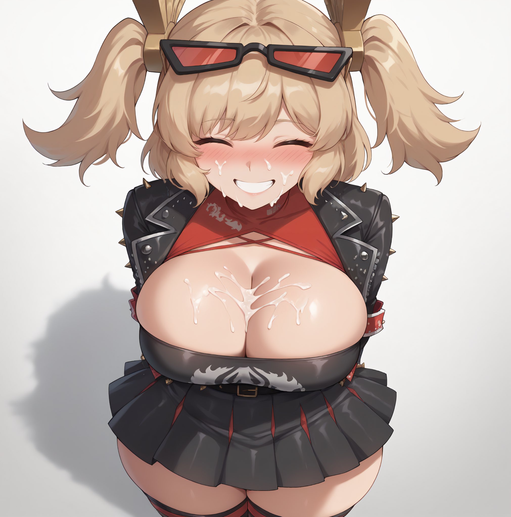 1girls, ai generated, bare thighs, blonde hair, blush, breasts, burnice white, closed eyes, cum, cum on breasts, cum on face, female, gigantic breasts, glasses on head, huge breasts, huge thighs, light skin, light-skinned female, massive breasts, miniskirt, smiling, smogai, solo, solo female, squatting, stockings, sweat, sweatdrop, thick body, thick female, thick thighs, thighs, twintails, voluptuous, voluptuous female, zenless zone zero
