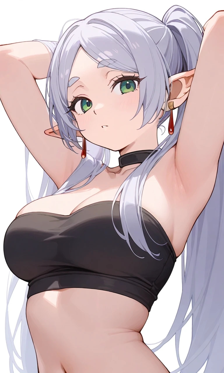 ai assisted, ai generated, arms up, big breasts, breasts, crop top, female, frieren, frieren beyond journey's end, green eyes, large breasts, long hair, looking at viewer, pointy ears, sousou no frieren, twintails, white hair