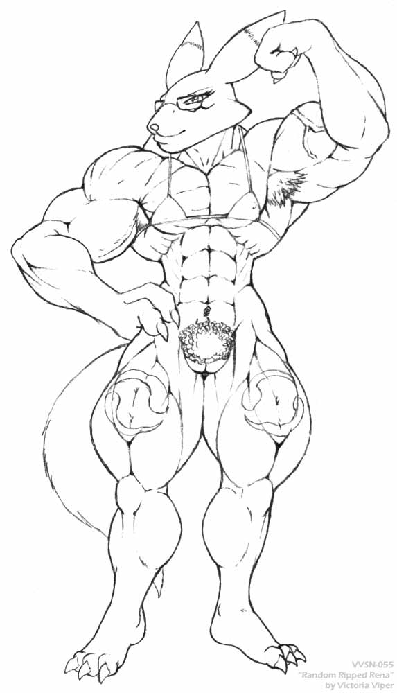 2_fingers 3_toes amazonian anthro armpit_hair bandai bottomless bushy_pubes digimon eyelashes female_fox flat_chested flexing fur_markings glasses hand_on_hip hirsute looking_to_the_side masculine monochrome muff muscular navel_piercing nipples_visible_through_clothing renamon smile standing string_bikini toe_claws victoria_viper vulpine