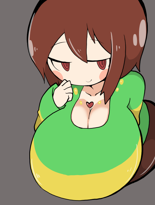 1girls, 2d, bedroom eyes, big breasts, breasts, brown hair, brunette, busty, chara, cleavage, closed mouth, cute, female, female chara, female only, green sweater, grey background, half-closed eyes, heart locket, huge breasts, large breasts, paizuri invitation, petronoise, red eyes, smile, smiling, solo, toby fox, undertale, undertale (series)