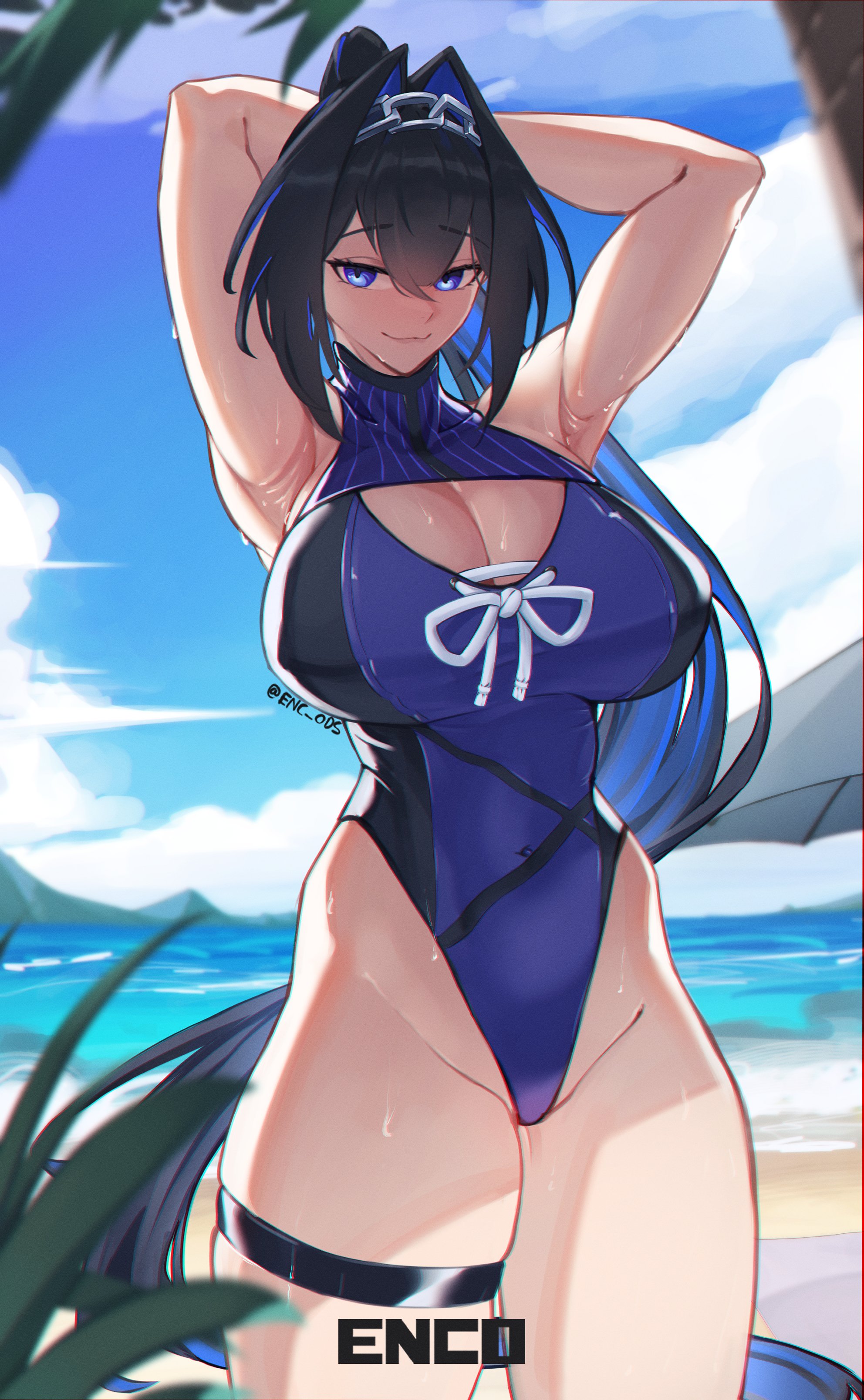 1girls, breasts, enc ods, female, female focus, female only, hololive, hololive english, hololive english -council-, hololive english -promise-, large breasts, light skin, light-skinned female, one-piece swimsuit, ouro kronii, solo, swimsuit, thick thighs, thighs, virtual youtuber, wide hips