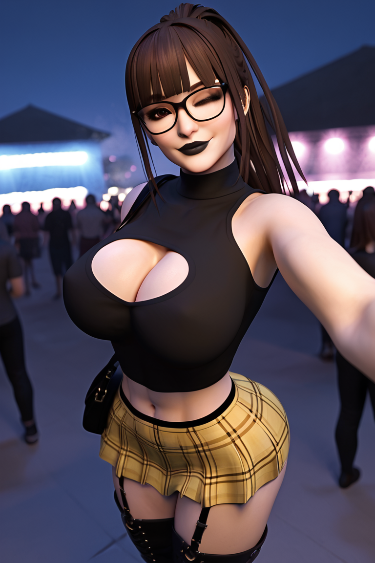 1girls 3d 3d_(artwork) abs ai_generated big_ass big_breasts black_lips black_lipstick black_shirt boob_window brown_hair brown_hair busty cleavage cleavage_cutout crop_top garter_belt garter_straps glasses goth goth_girl long_hair madz(oc) plaid_skirt pleated_skirt ponytail radnsad short_skirt sidelocks smirk solo solo_female solo_focus thick_thighs wink winking_at_viewer yellow_skirt