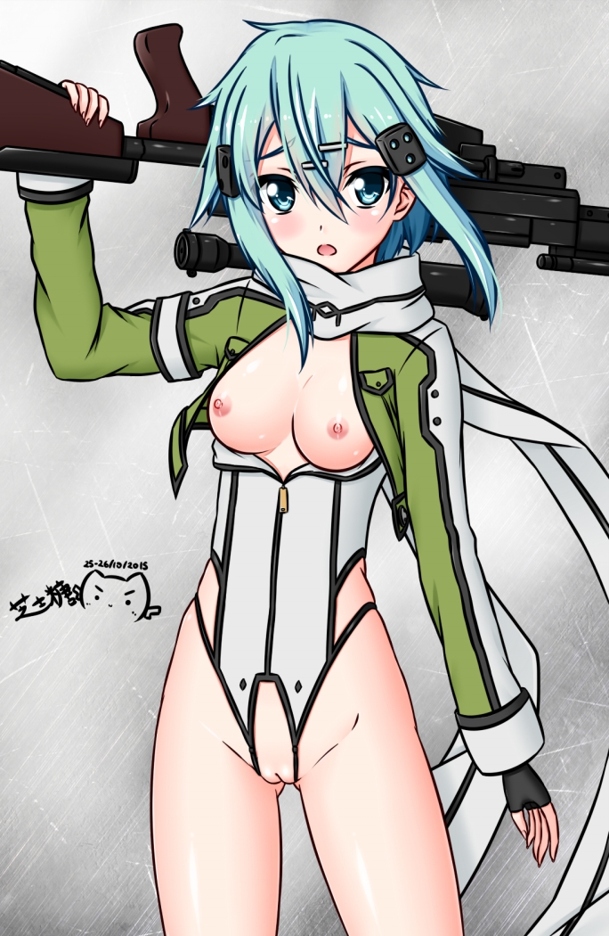 10s anti-materiel_rifle aqua_eyes aqua_hair artist_name asada_shino black_gloves blush breasts breasts_out cleft_of_venus contrapposto cowboy_shot cropped_jacket crotchless_clothes crotchless_leotard dated female fingerless_gloves gloves gun leotard looking_at_viewer matching_hair/eyes medium_breasts no_bra open_mouth partially_unzipped pgm_hecate_ii ppshex rifle scarf short_hair sinon small_areolae small_nipples sniper_rifle standing sword_art_online uncensored weapon zipper