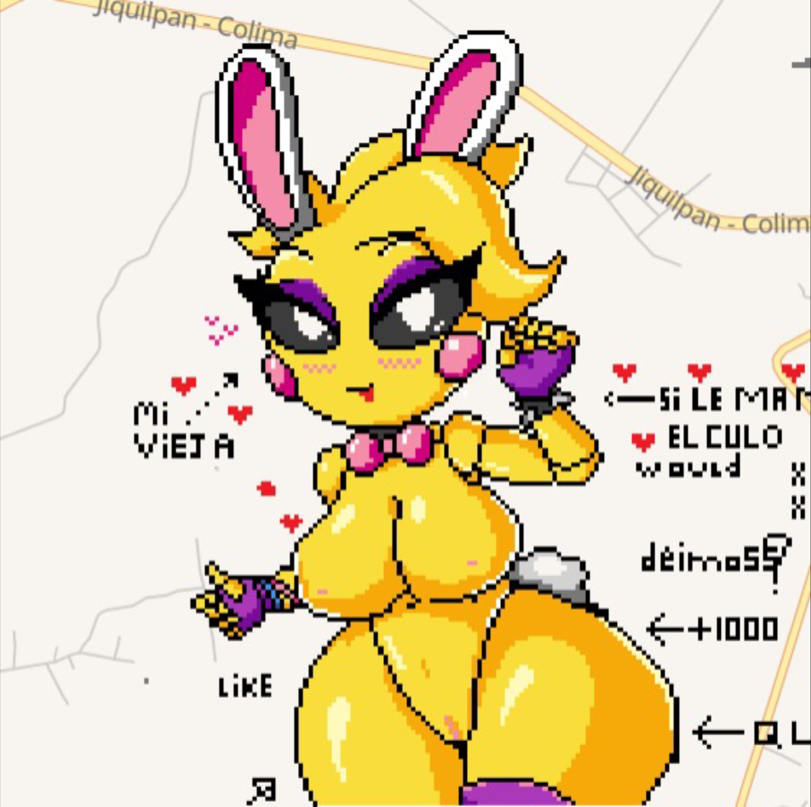 animatronic, animatronic female, arrow, big breasts, black sclera, blood in mouth, breasts, bunny ears, bunnysuit, chicken, english text, eyeshadow, female, fingerless gloves, five nights at freddy's, five nights at freddy's 2, fnaf, galliform, gallus (genus), heart, heart symbol, pixel art, solo, spanish text, tagme, toy chica, toy chica (eroticphobia), toy chica (fnaf), wide hips, wplace