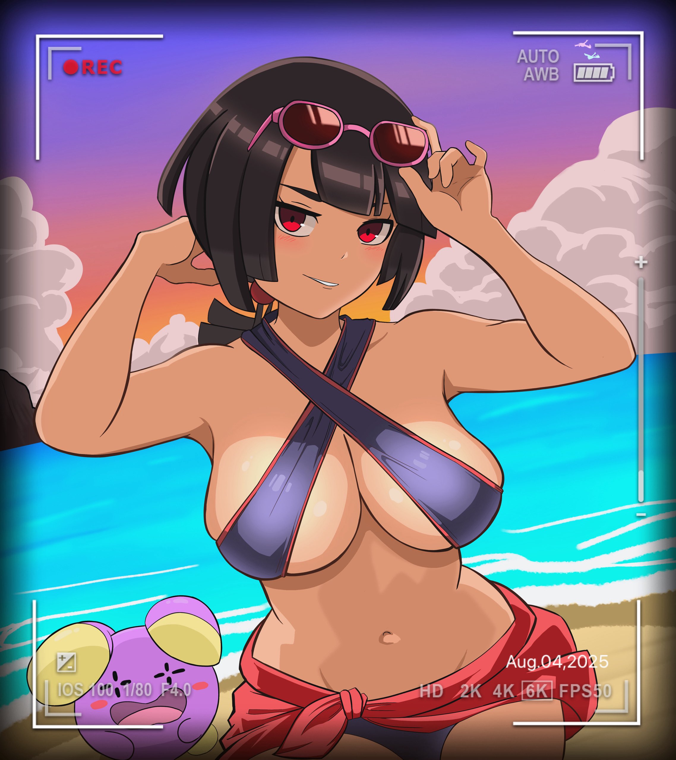1girls, adjusting glasses, bangs, black hair, bob cut, bocas top, breasts, camera pov, eyewear on head, female, female focus, female only, game freak, inner sideboob, large breasts, light-skinned female, looking at viewer, navel, nintendo, pokemon, pokemon oras, red eyes, sunglasses, suzu (zinnialove poke), swimsuit, towel around waist, zinnia (pokemon)