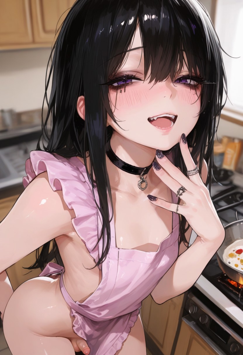 1boy, 1femboy, 2025, ai generated, alternate version available, apron, ass, big ass, black hair, blush, choker, civitai, crossdressing, cute, cute femboy, dark hair, eyeshadow, femboy, feminine male, girly, indoors, kekzzz, kitchen, male, naked apron, open mouth, penis, purple eyes, smug, smug face, solo, thick thighs, thighs, trap