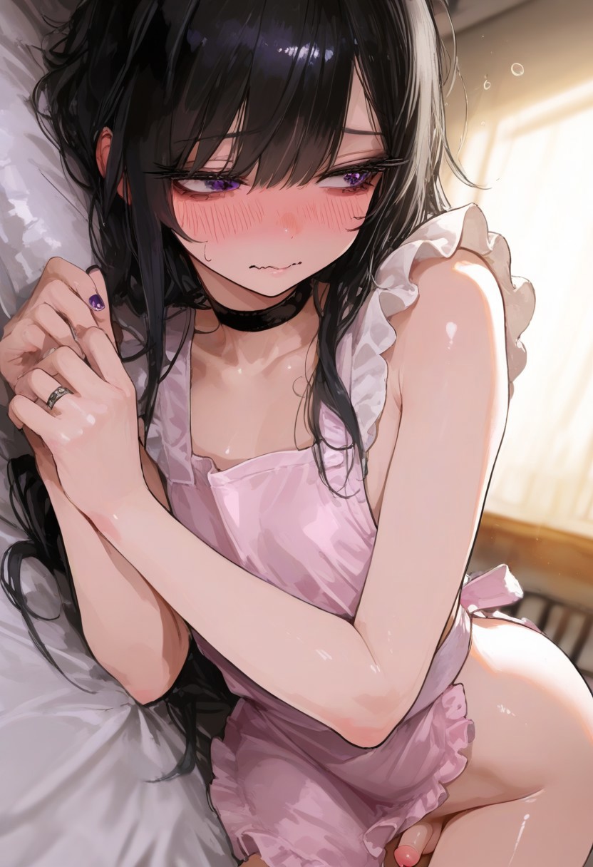 1boy, 1femboy, 2025, ai generated, alternate version available, apron, bed, bed sheet, bedroom, black hair, blush, choker, civitai, crossdressing, cute, cute femboy, dark hair, embarrassed, eyeshadow, femboy, feminine male, girly, indoors, kekzzz, looking away, lying, lying on bed, lying on side, male, naked apron, penis, purple eyes, solo, thick thighs, thighs, trap, wavy mouth