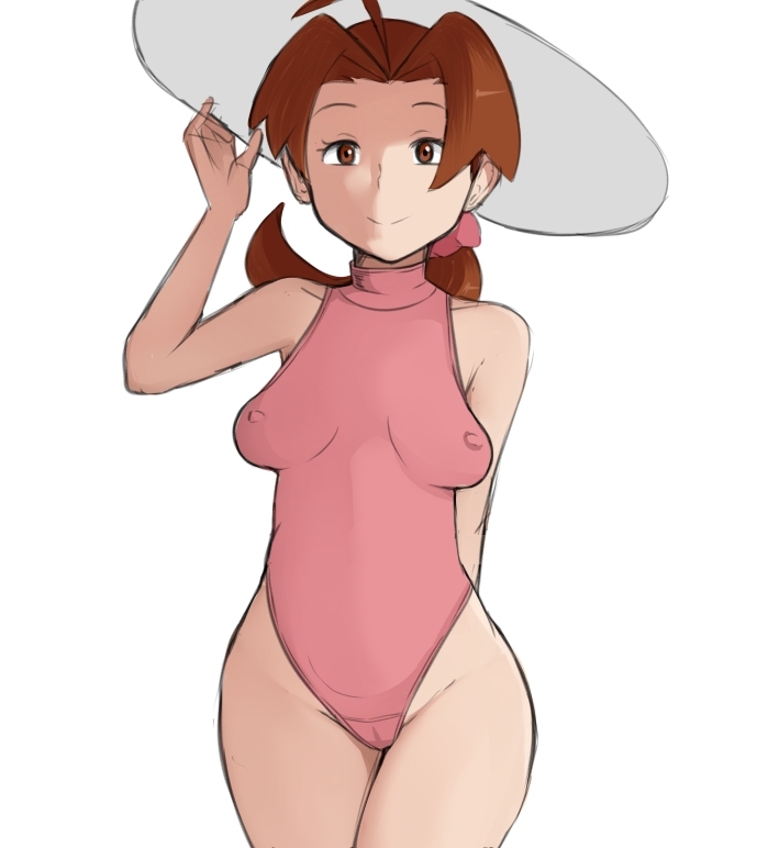 1girls, breasts, brown hair, delia ketchum (pokemon), female, female only, human, human only, milf, mother, nintendo, one-piece swimsuit, pokemon, pokemon rgby, reach025, solo, swimsuit