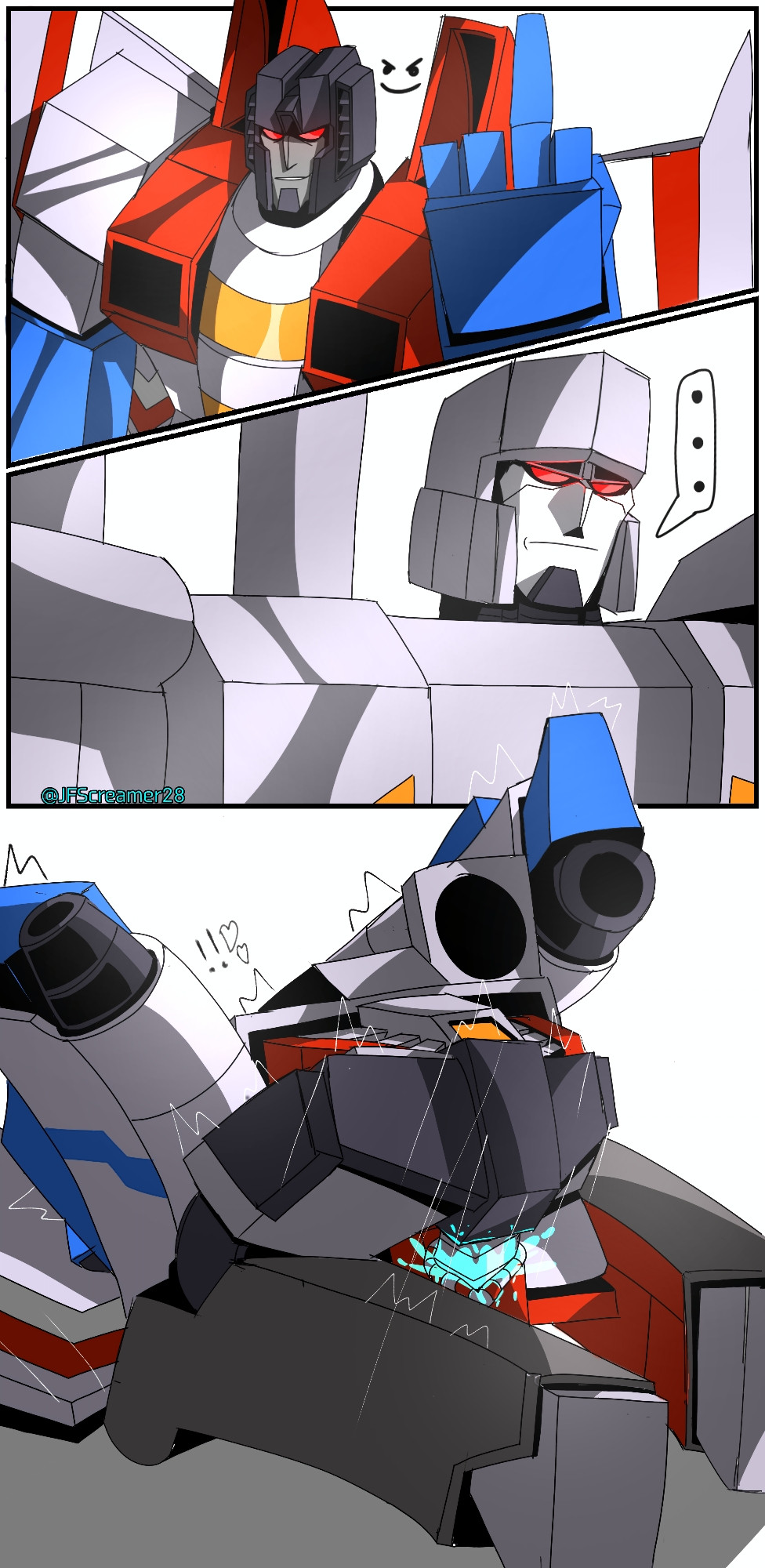 bara, comic, cum, cum in pussy, cum inside, cuntboy, full color, gay, gay sex, intersex, jfscreamer28, looking at partner, loving it, male, male only, mating press, megatron, metallic body, middle finger, no humans, no text, penis, pussy, red eyes, robot, robot boy, robot joints, robot penis, smiling at viewer, smug face, starscream, transformers, transformers g1, valve penetration, valveplug, yaoi