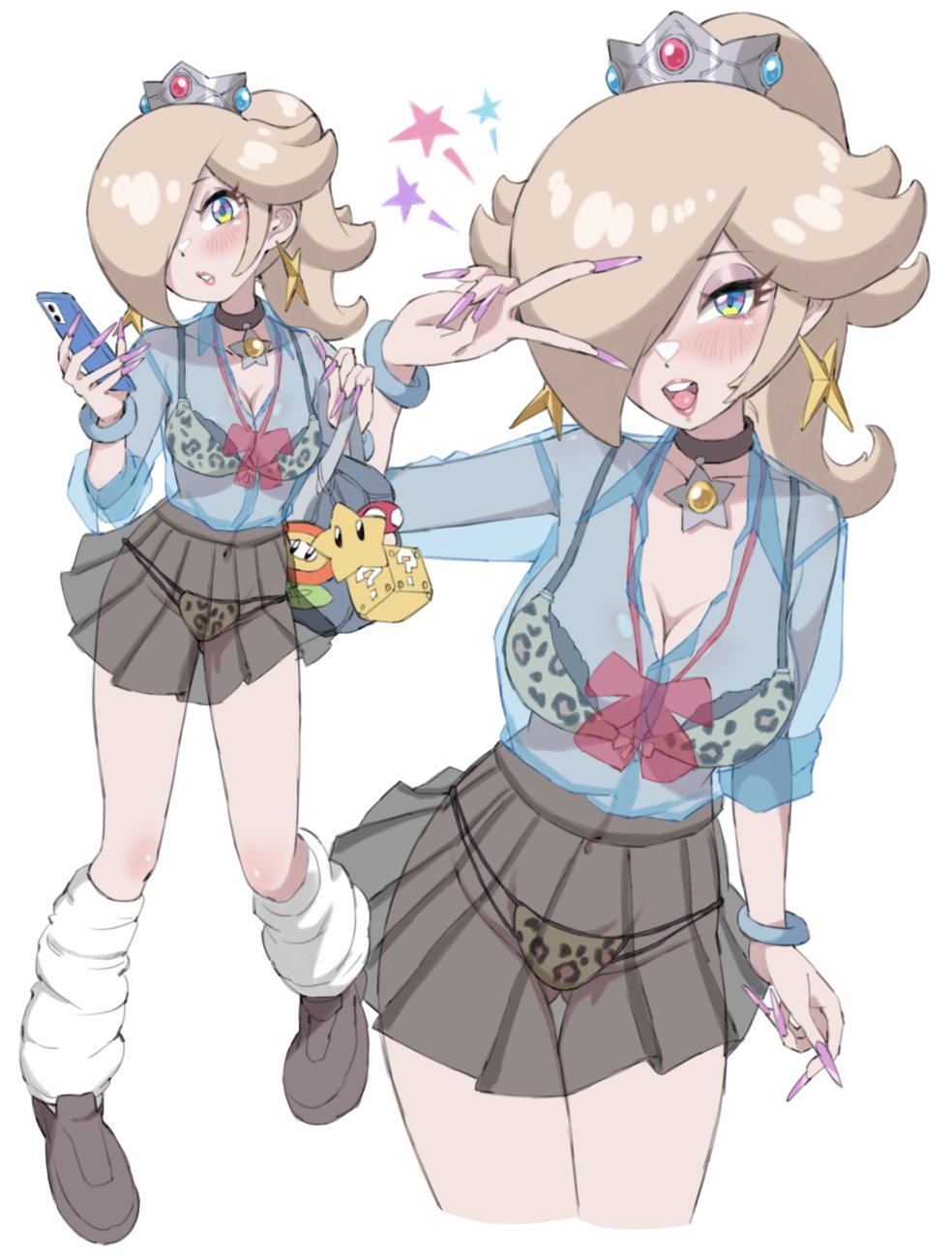 1girls, alternate version available, armwear, big breasts, bimbo, black skirt, blonde hair, blue eyes, blue shirt, bracelet, breasts, choker, cleavage, close-up, crown, ear piercing, earrings, female, female only, footwear, full body, gyaru, hair, hair over one eye, hat, headwear, holding object, holding phone, large breasts, legs, leopard print, leopard print bra, leopard print panties, lips, long fingernails, long nails, mario (series), medium breasts, nail polish, nails, neckwear, nintendo, painted fingernails, painted nails, parted lips, peace sign, phone, ponytail, princess rosalina, purple nail polish, purple nails, purse, revealing clothes, see-through, see-through clothing, sfw, shirt, shoes, skirt, smile, solo, solo female, star, star earrings, thighs, tied hair, transparent clothing, yamino ekakinin