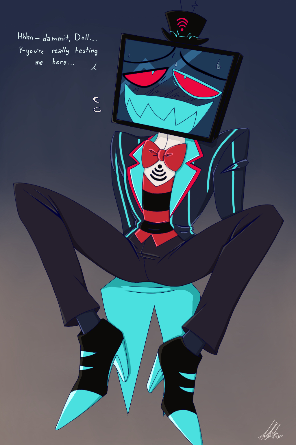 1boy, blush, bowtie, dialogue, fully clothed, gradient background, grin, hat, hazbin hotel, heels, hellaverse, male only, simple background, smile, solo, solo male, spread legs, submissive male, suit, sweat, tagme, teeth, tv head, vox (hazbin hotel)