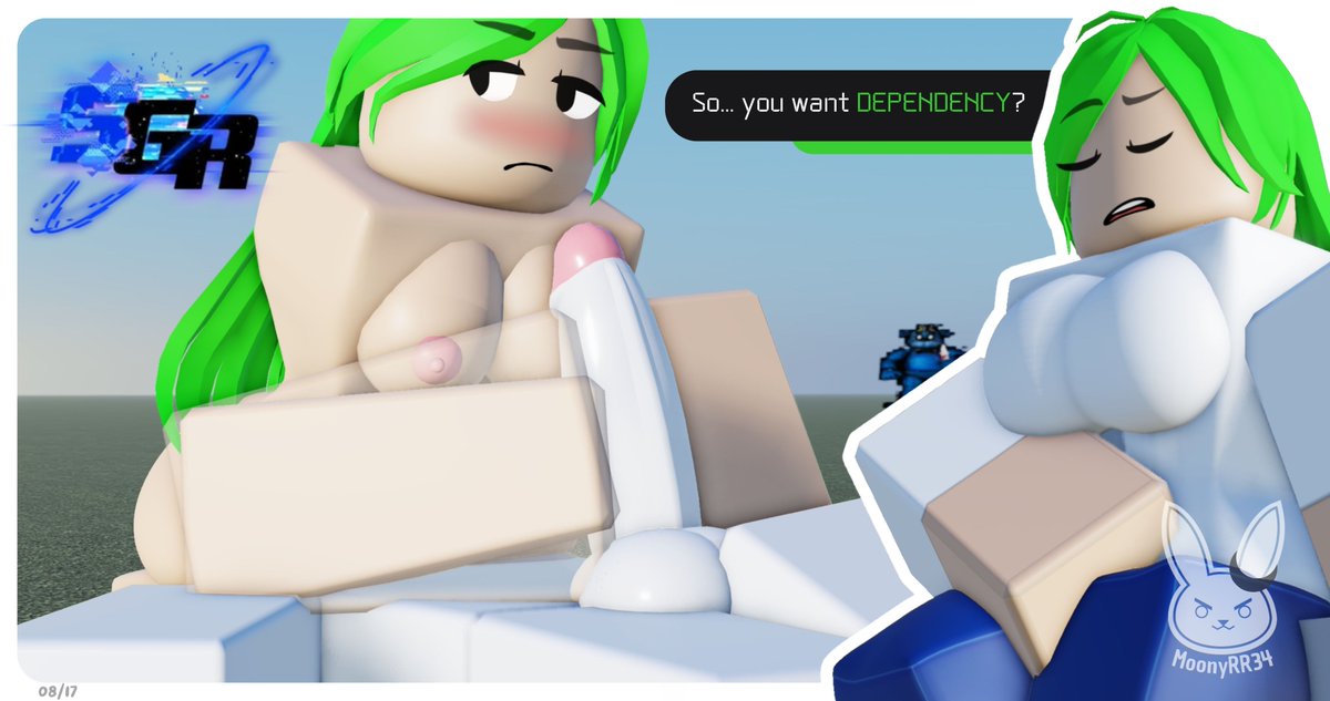 1boy, 1girls, 3d, ass, balls, bear5, blush, breasts, dated, english text, female, green hair, handjob, male, moonyrr34, nipples, penis, roblox, roblox game, robloxian, sentinel (star glitcher ~ revitalized), star glitcher, tagme, text, watermark