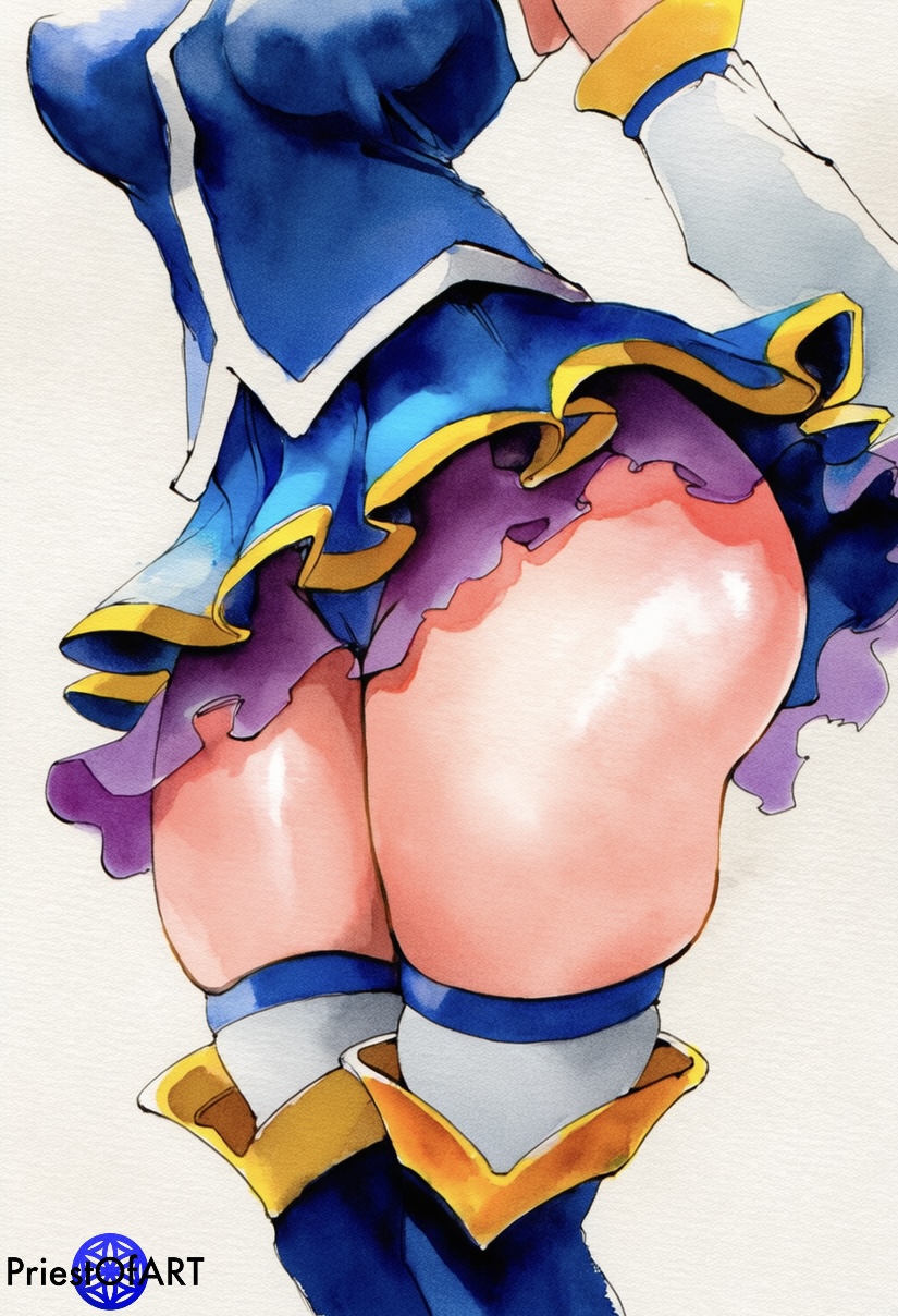 1girls, ai generated, aqua (konosuba), big ass, big breasts, big butt, breasts, dress, elbow gloves, female, female only, from side, huge ass, kono subarashii sekai ni shukufuku wo!, large breasts, lower body, panties, priestofart, shiny, simple background, skirt, solo, solo female, thick thighs, thighhighs, watercolor, watercolor (artwork), watermark, white background, wide hips