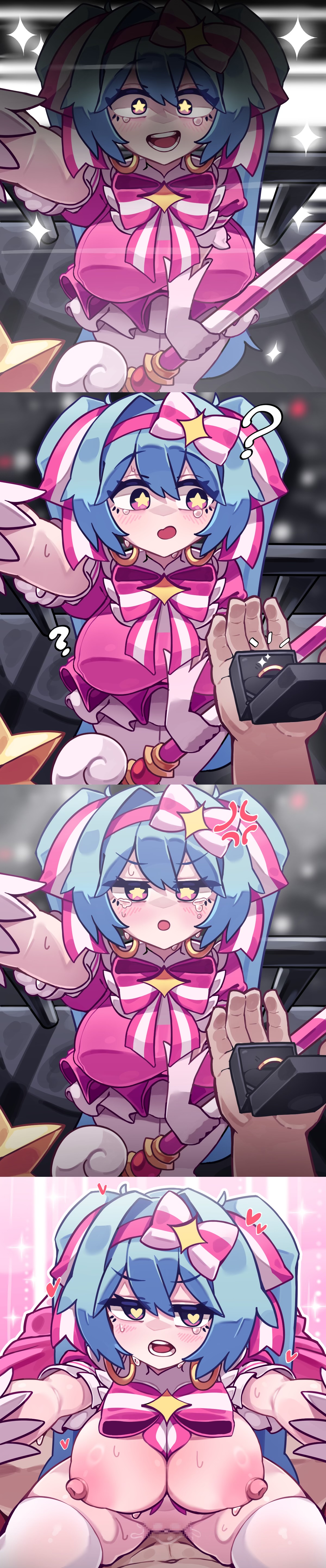 1boy, 1girl, 1girls, anger symbol, anger vein, big breasts, blue hair, blush, bow, breasts, clothed sex, color, comic, cowgirl position, female, female focus, female on top, gloves, hair ornament, half-dressed, hatsune miku, heart, heart-shaped pupils, hetero, kabedon, kabedon on viewer, large breasts, light skin, long hair, looking at viewer, magical girl, male, male pov, marriage proposal, marriage ring, nipples, open mouth, penis, pink nipples, pixiv link, pov, retry now (vocaloid), ring, sanguk, sex, short hair, star-shaped pupils, straddling, symbol-shaped pupils, twintails, vaginal, vocaloid, wholesome, yellow eyes