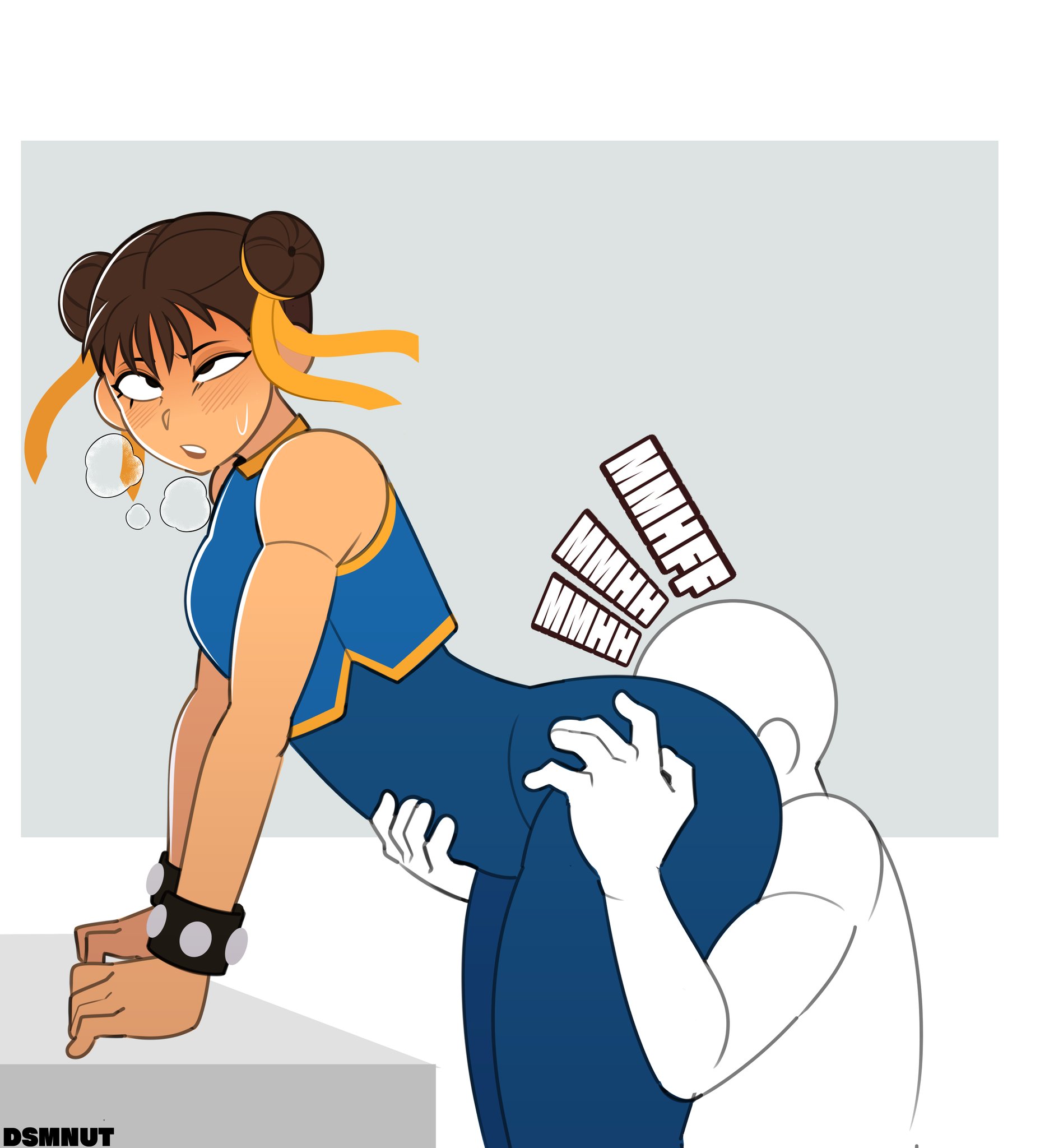 1female, 1females, 1girl, 1girls, 1other, 2020s, 2025, 2025s, ambiguous gender, anon, ass, ass grab, ass worship, big ass, black eyes, blush, bodysuit, bottom heavy, bracelet, breasts, breath, brown hair, capcom, chun-li, chun-li (fortnite), chun-li (street fighter alpha), clothed, clothed female, clothing, dsmnup, duo, eyes rolling back, face in ass, feet out of frame, female, female/ambiguous, fully clothed, hair, hair bun, hi res, hot, human, human only, kneeling, large ass, legs together, light skin, light-skinned female, medium hair, muffled moaning, side view, simple background, small breasts, sniffing ass, sniffing butt, spiked bracelet, standing, street fighter, street fighter alpha, sweat, sweatdrop, sweating, thick thighs, thighs, twin buns, wide hips