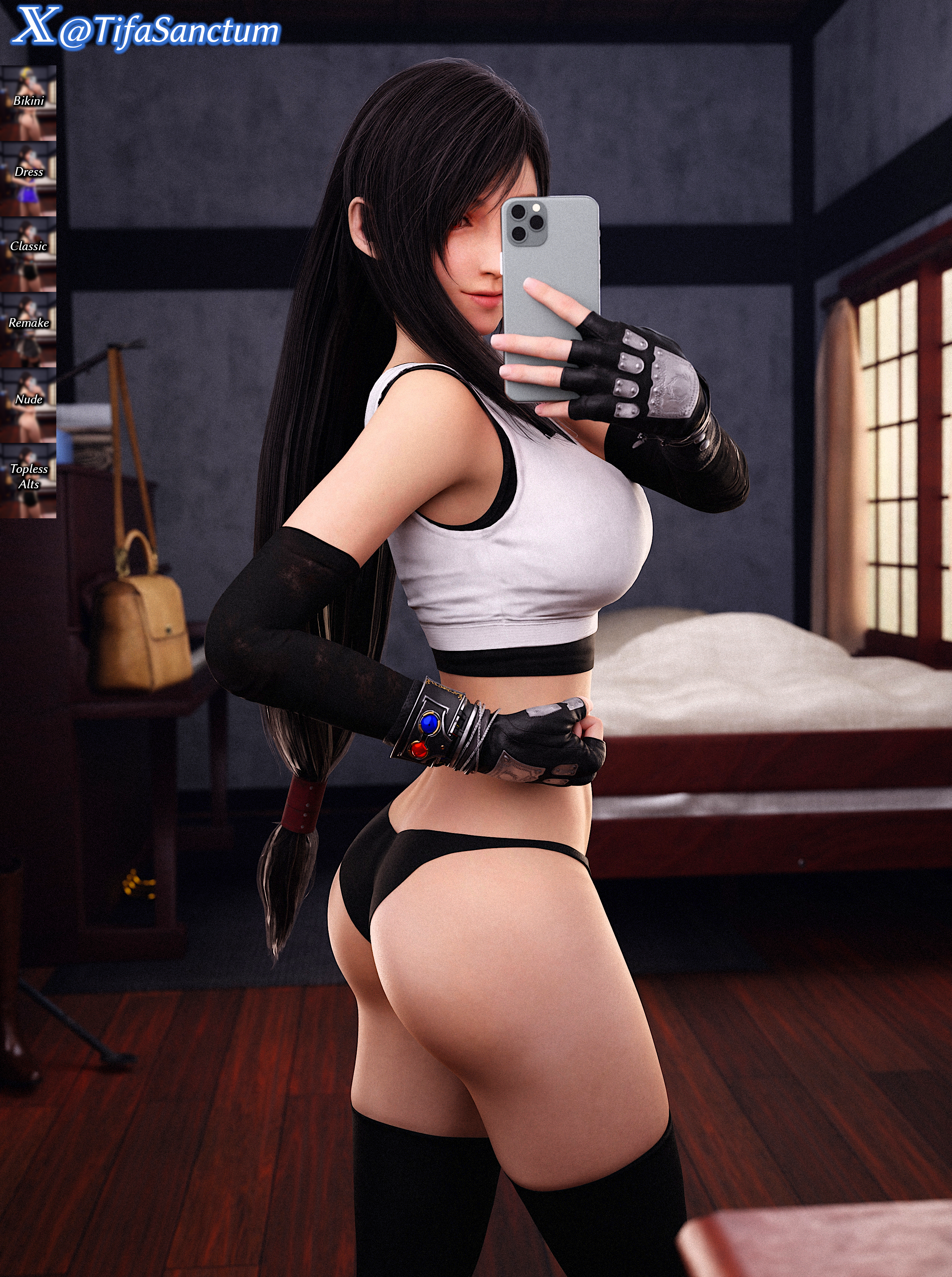 3d, 3d (artwork), ass, ass focus, crop top, darkbahamuth, female, final fantasy, final fantasy vii, panties, pinup, selfie, stockings, tifa lockhart