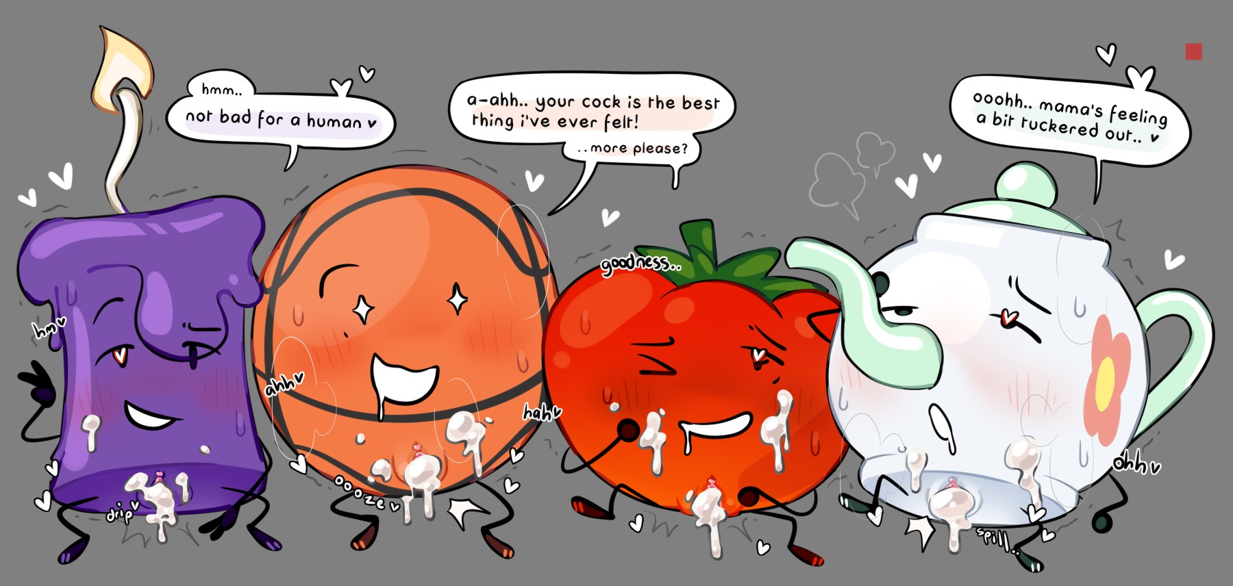 4girls, adamation inc., adamationz, after sex, after vaginal, animationepic, basketball (bfdi), battle for bfdi, battle for dream island, bfb, bfdi, blush, blush lines, blushing, candle (ii), critterscrawl, cum, cum in pussy, cum inside, cum on body, female, female focus, female only, female penetrated, heart-shaped pupils, hfj one, hfjone, ii, inanimate insanity, inanimate insanity invitational, inanimate insanity iv, jacknjellify, object show, object show community, object shows, osc, pleasure face, pleasured, pussy, speech bubble, tea kettle (ii), text, text bubble, tomato (hfjone)