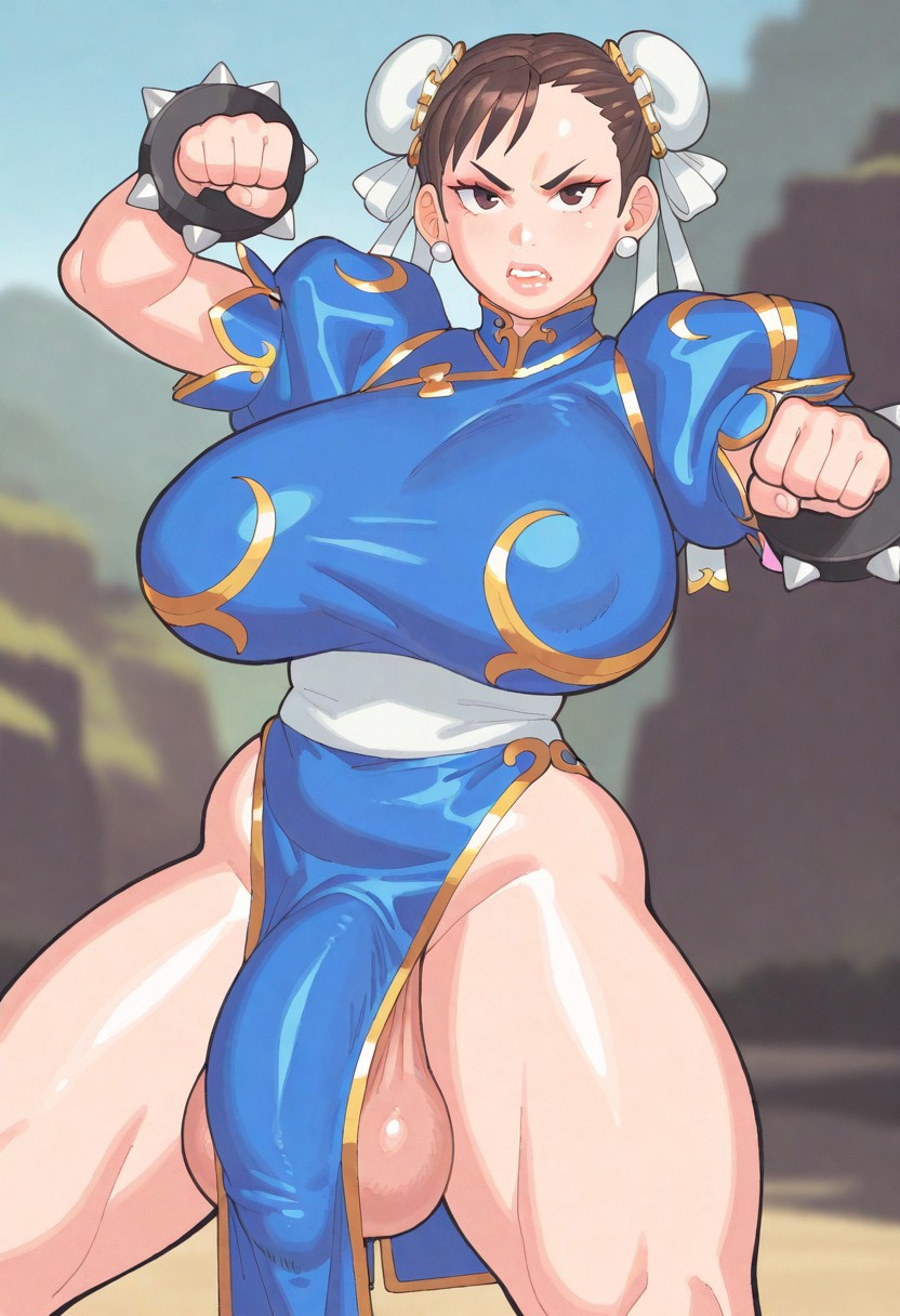action pose, ai generated, angry, balls, breasts, capcom, chun-li, covered penis, futanari, huge cock, intersex, large breasts, majorhooky, penis, penis bulge, solo futa, street fighter