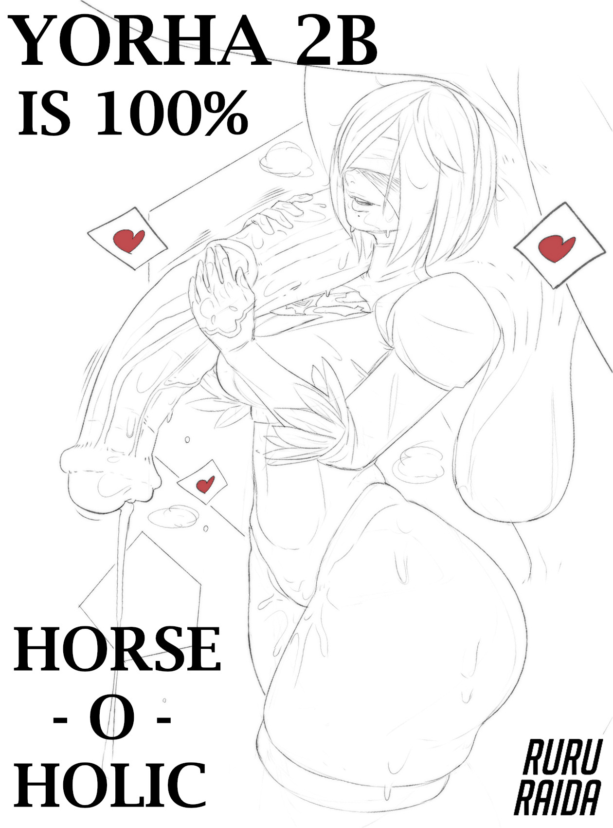 animal penis, balls, bestiality, equine, female, feral, handjob, heart, horse, horsecock, male, monochrome, near monochrome, nier: automata, penis, ruru-raida, size difference, sketch, yorha 2b, zoophilia