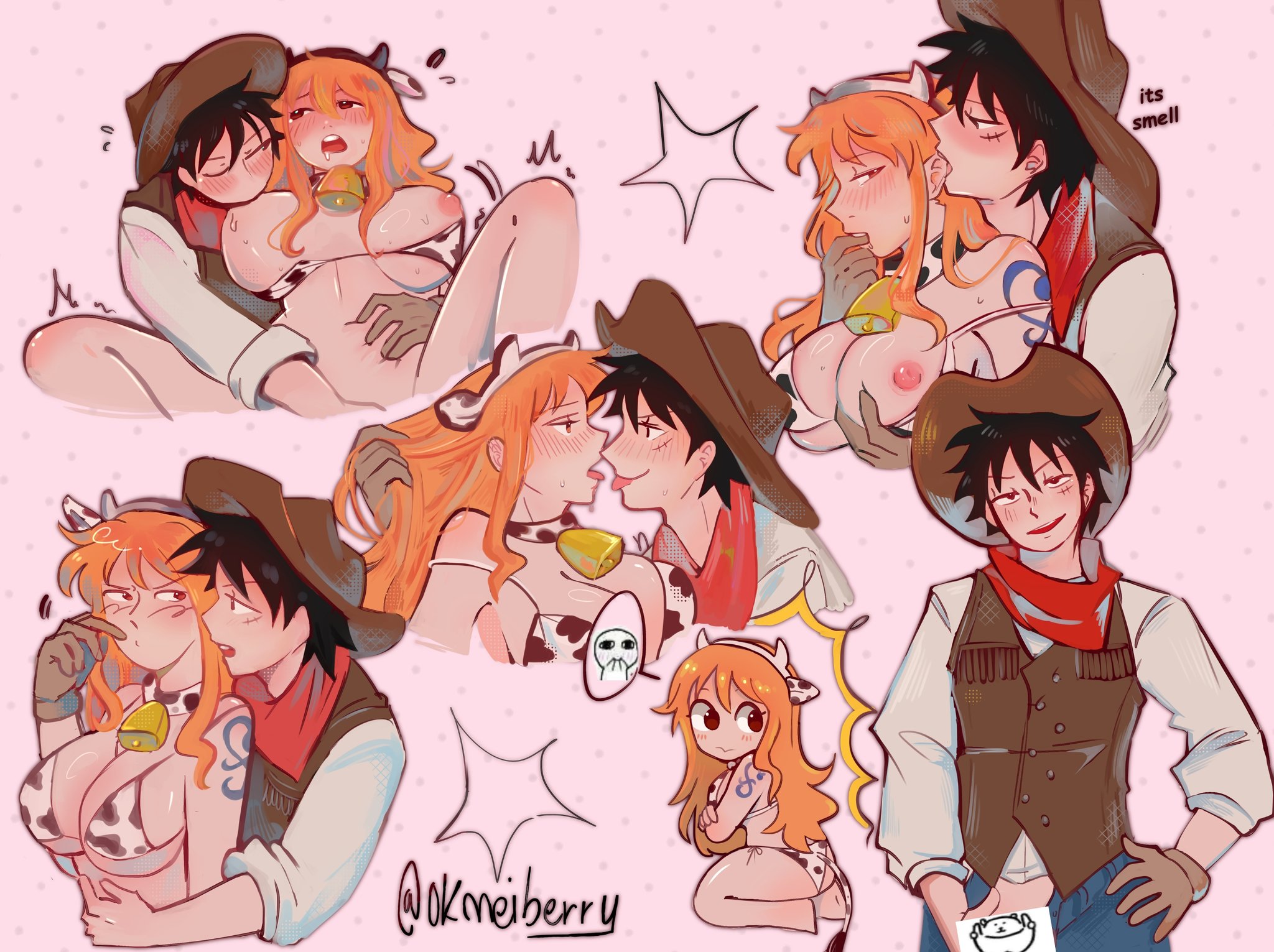 1boy, 1boy1girl, 1girls, areolae, arm tattoo, big breasts, bikini, black hair, black-haired male, blue tattoo, blush, breasts, breasts out, busty, censored, censored penis, comedic censorship, cow horns, cow print, cow print bikini, cowbell, cowboy, cowboy hat, cowboy outfit, curvy, cute, female, fingering, functionally nude, functionally nude female, implied fingering, male, moaning, monkey d luffy, nami (one piece), nipples, nude female, okberry, one piece, orange hair, orange-haired female, penis, penis out, pleasure face, scar, sex, spread legs, straight, tattoo