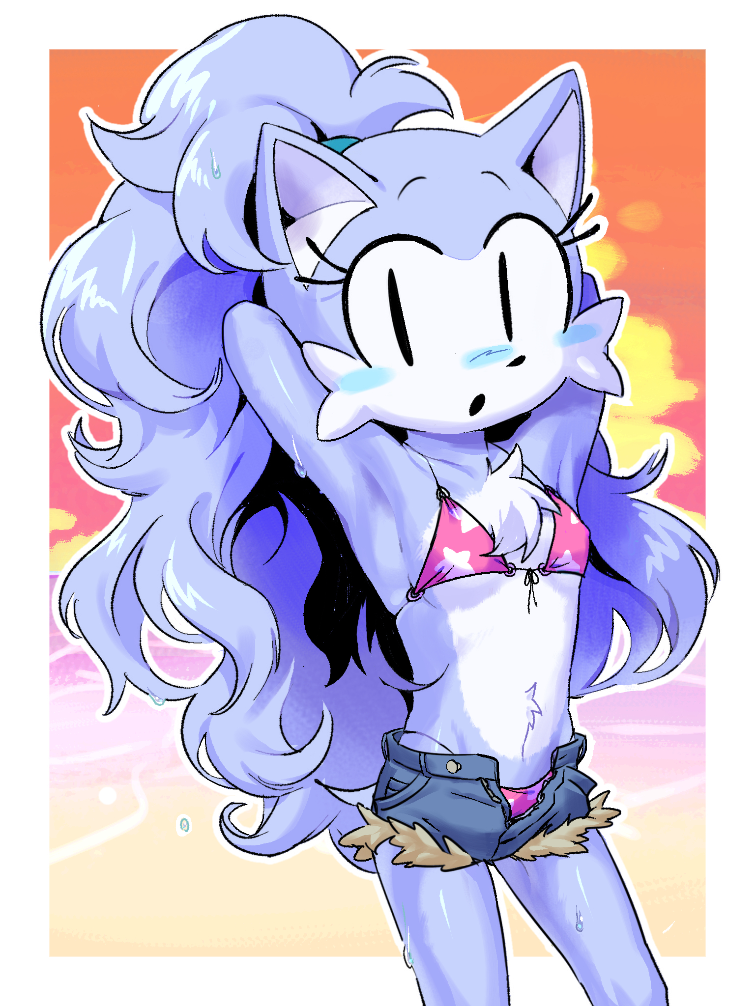 :o, 1girls, battenqwerty, beach, bikini, blush, female, female focus, female only, lavender fur, long hair, looking at viewer, ponytail, self upload, short shorts, sonic.exe (series), sunset, sweat, sweatdrop, unzipped shorts, wacky (sonic.exe), water
