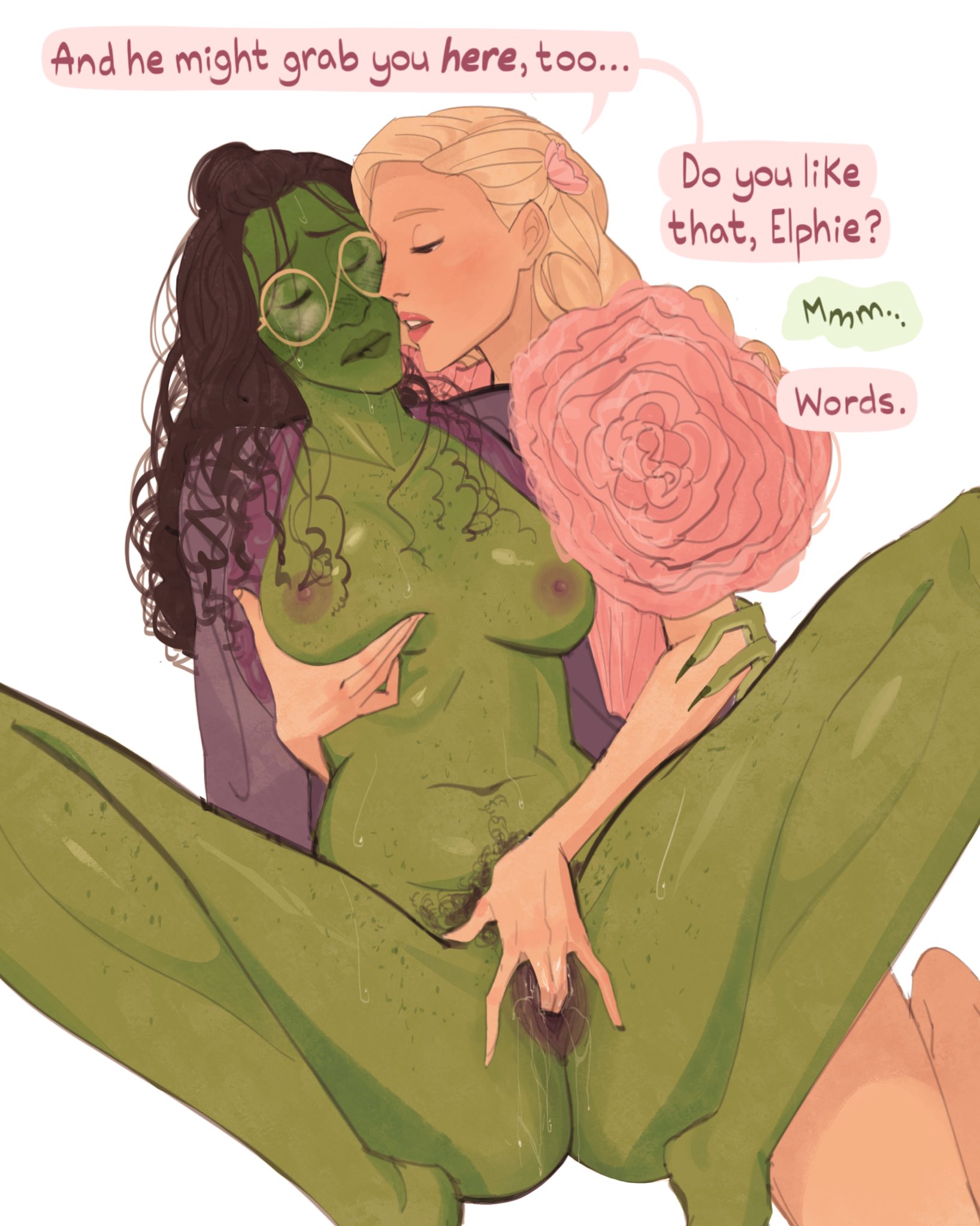 2girls, almost naked, almost nude, areola, areolae, barefoot, biting lip, biting own lip, breast grab, breasts, breasts out, bush, bushy pubes, elf, elf ears, elphaba, elphaba thropp, female, female only, female pubic hair, femalesub, femdom, fingering, fingering partner, fingering pussy, freckles, freckles all over, freckles on face, glasses, glinda, goatedsaminator, good witch of the north, green body, green skin, groping, groping breasts, large breasts, lesbian, lesbian sex, nipples, no bra, no panties, pubic hair, pussy, the wizard of oz, unusual anatomy, unusual genitalia, unusual nipples, unusual pussy, vaginal penetration, vaginal sex, wicked, wicked witch of the west, yuri