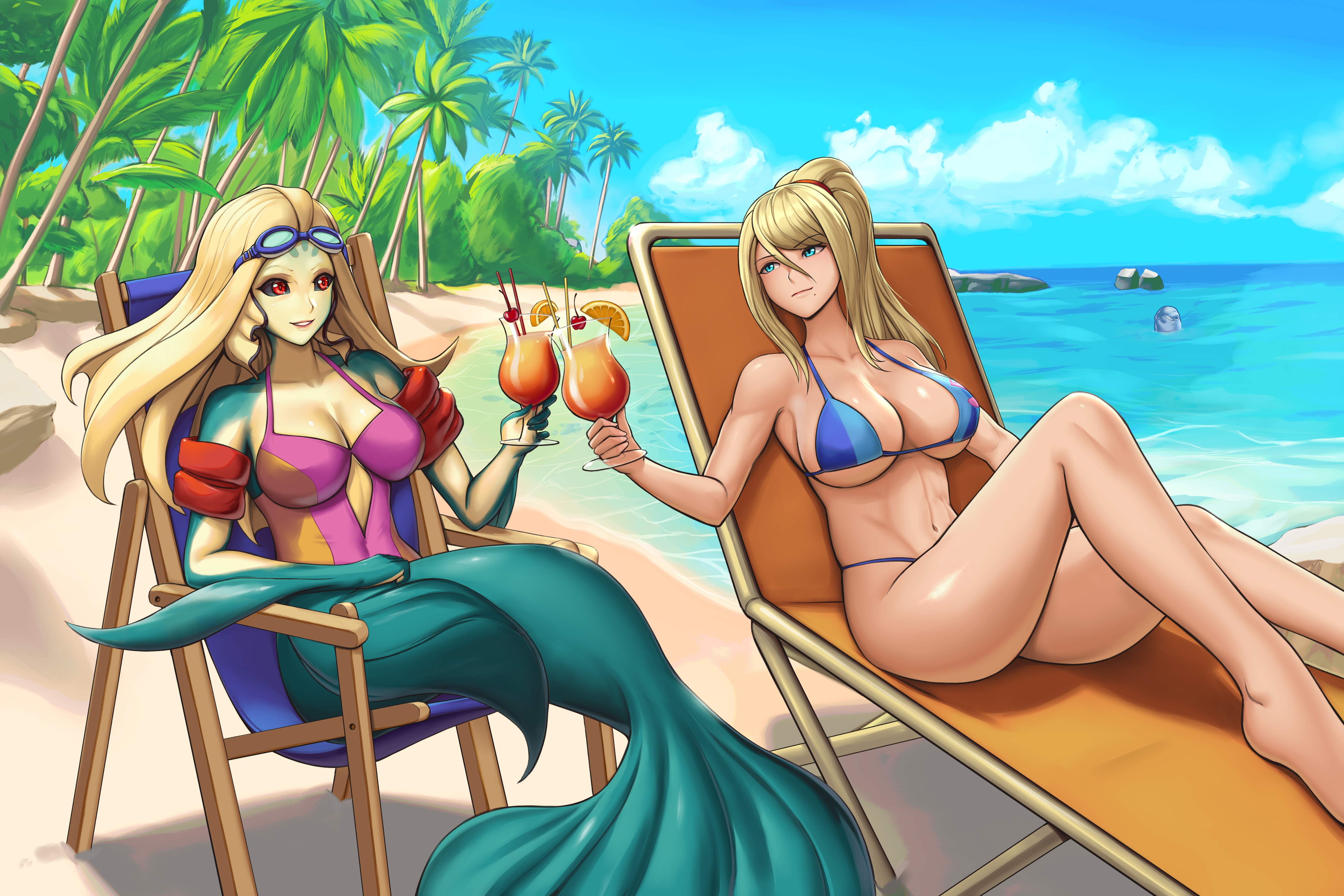 2girls, alcohol, alcoholic beverage, alcoholic drink, arm fins, beauty mark, bikini, bikini bottom, bikini only, bikini top, black sclera, blonde, blonde hair, blue eyes, cheers, cleavage, commission, crack pairing, crossover, crossover pairing, crossover ship, crossover shipping, drink, eastern and western character, female, female only, floaties, goggles, goggles on forehead, goggles on head, head fin, head fins, hip fins, hybridmink, inflatable armbands, league of legends, long hair, marai, merfolk, mermaid, metroid, monster girl, nami (league of legends), ponytail, red eyes, revealing clothes, samus aran, skimpy clothes, split form, swimsuit, water wings, yuri